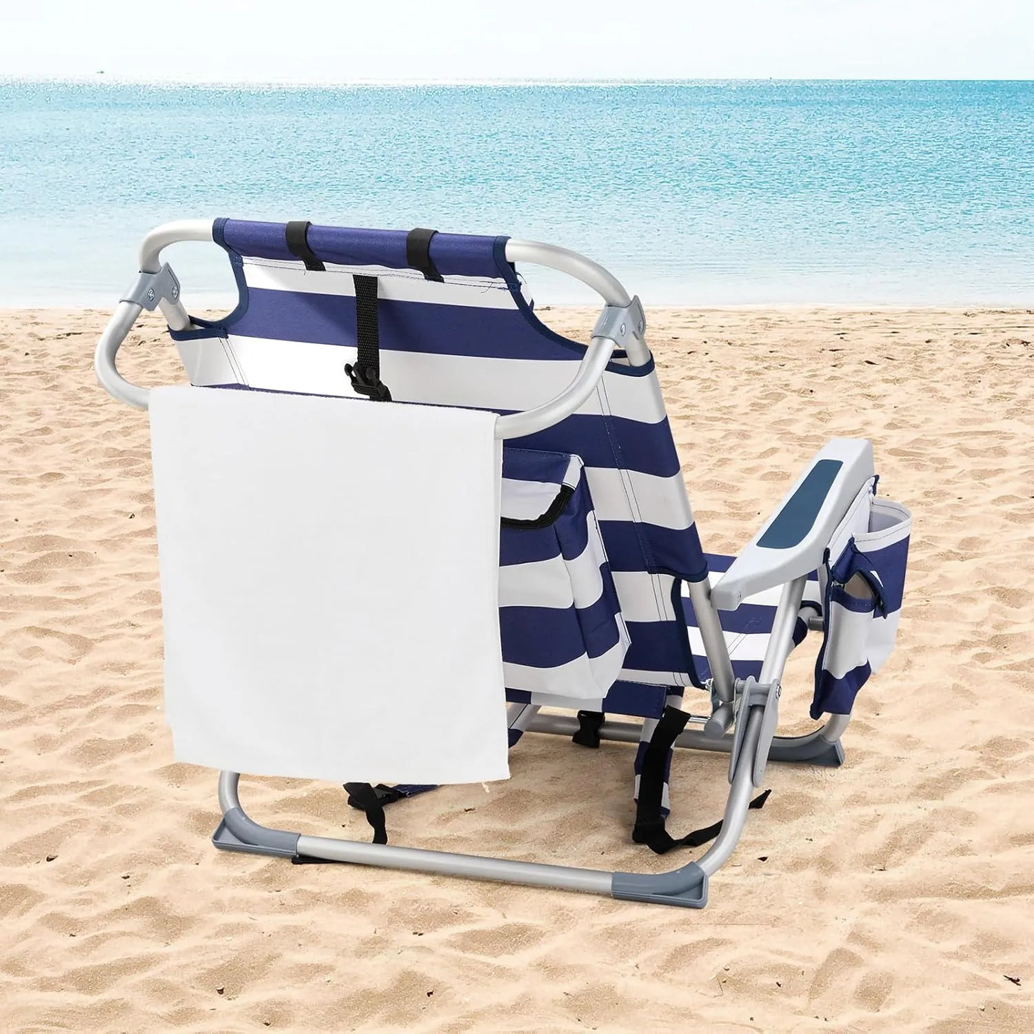 Outvita Backpack Beach Chair, 5 Level Adjustable Positions Beach Chair with Back Storage Bag, Cooler Pouch and Side Bags for Beach Poolside Lawn