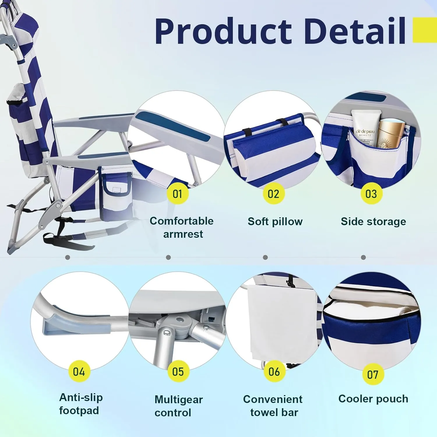 Outvita Backpack Beach Chair, 5 Level Adjustable Positions Beach Chair with Back Storage Bag, Cooler Pouch and Side Bags for Beach Poolside Lawn