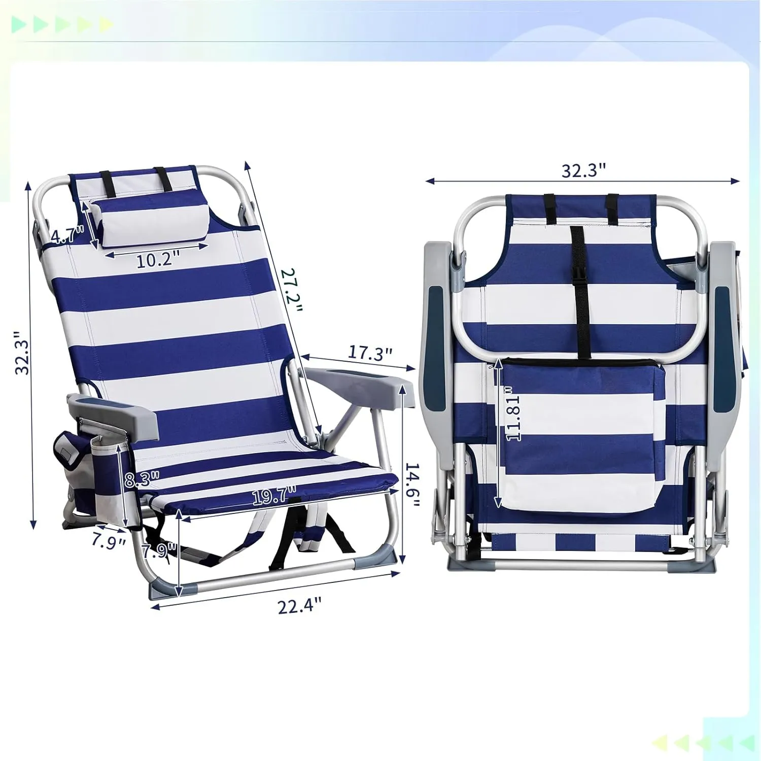 Outvita Backpack Beach Chair, 5 Level Adjustable Positions Beach Chair with Back Storage Bag, Cooler Pouch and Side Bags for Beach Poolside Lawn