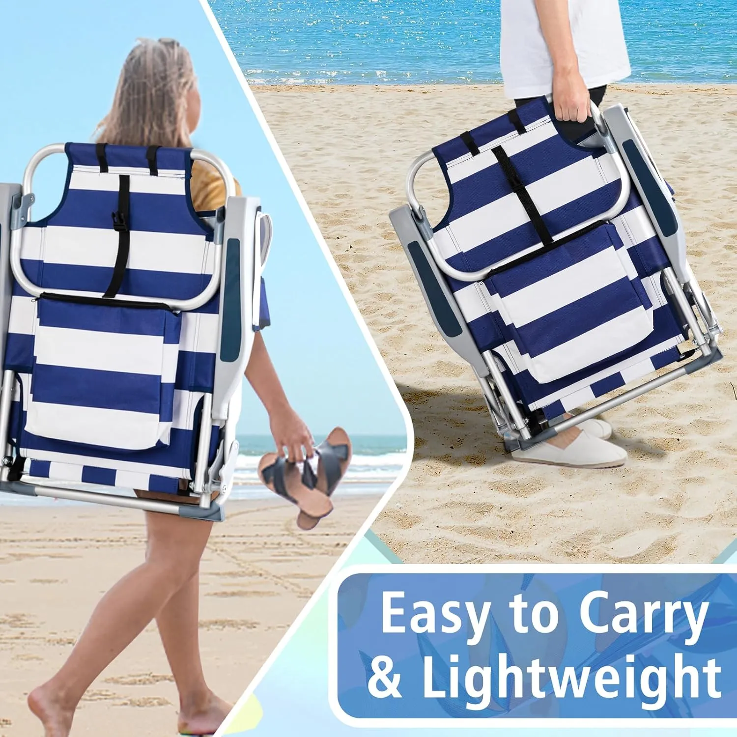 Outvita Backpack Beach Chair, 5 Level Adjustable Positions Beach Chair with Back Storage Bag, Cooler Pouch and Side Bags for Beach Poolside Lawn