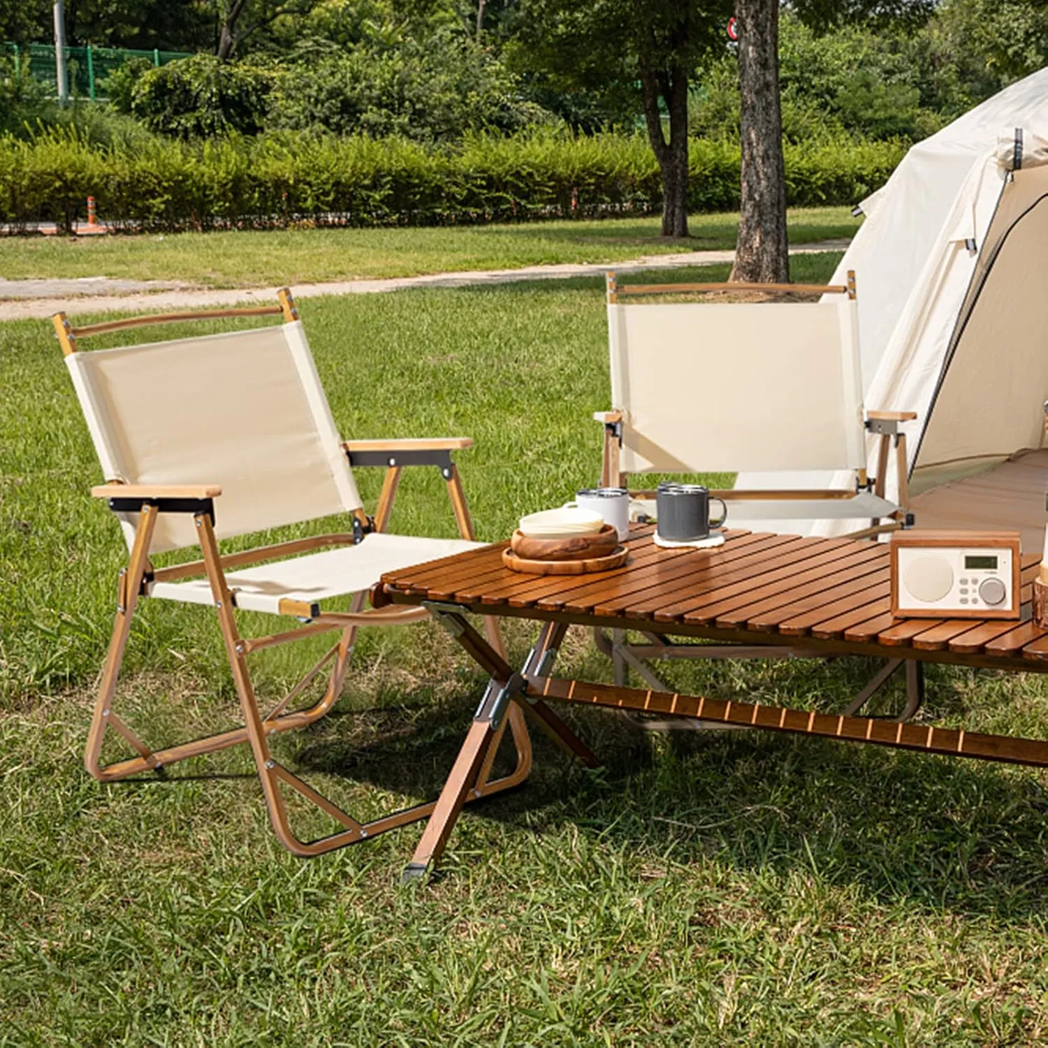 Outvita Portable Folding Camping Chair, Ultralight Low Beach Chair, Durable Aluminum Frame Armchairs for Hiking Concert Fishing Picnic, Supports 220Lbs (Beige Large)
