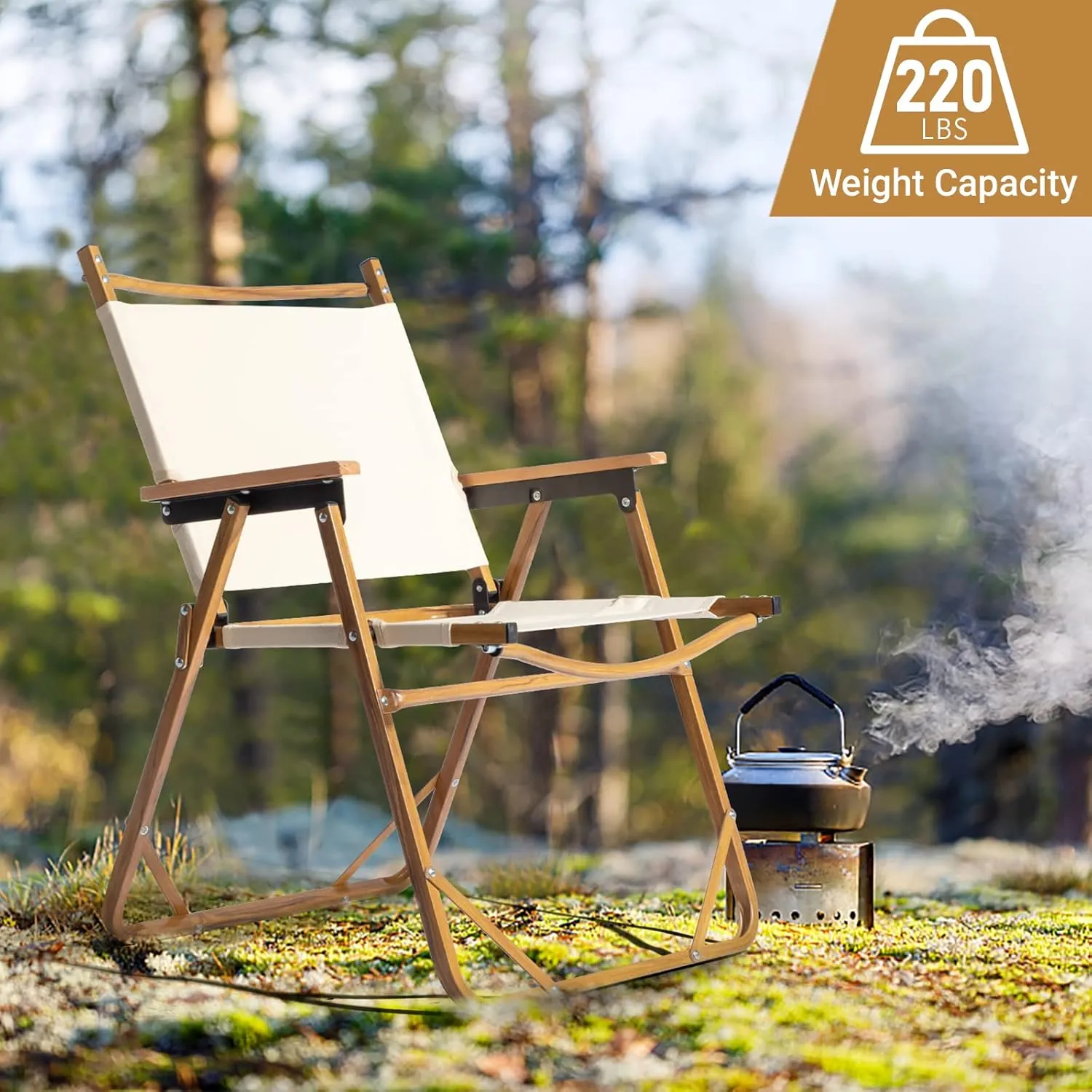 Outvita Portable Folding Camping Chair, Ultralight Low Beach Chair, Durable Aluminum Frame Armchairs for Hiking Concert Fishing Picnic, Supports 220Lbs (Beige Large)