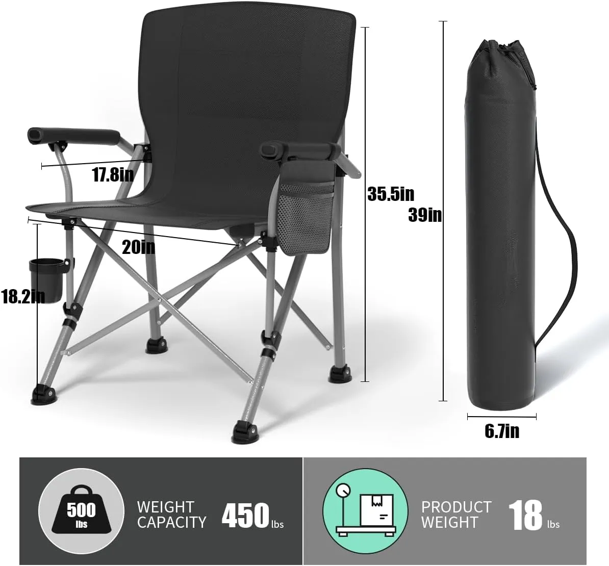 Oversized Camping Chair for Adults Heavy Duty,Heavy Duty Lawn Chair with Side Pockets,Outdoor Camping, Fishing, Beach, Hiking Foldable Camping Chair (1, Black, X-Large)