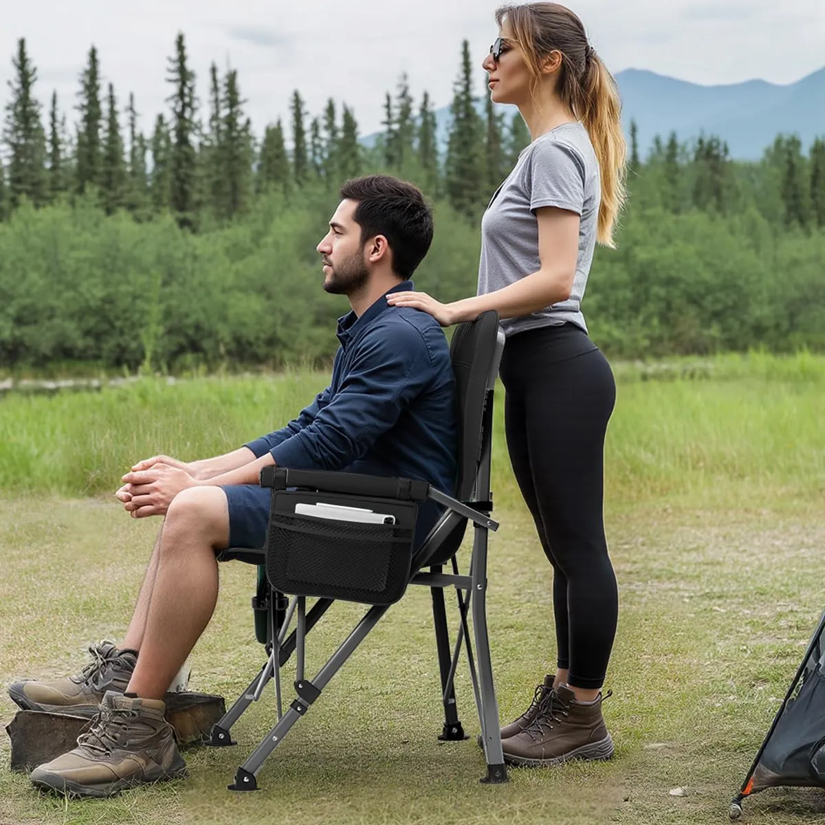 Oversized Camping Chair for Adults Heavy Duty,Heavy Duty Lawn Chair with Side Pockets,Outdoor Camping, Fishing, Beach, Hiking Foldable Camping Chair (1, Black, X-Large)
