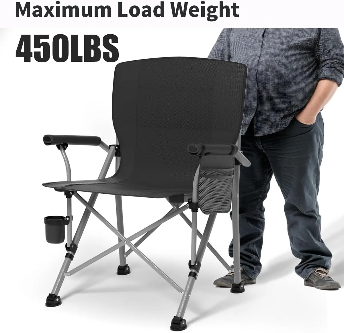Oversized Camping Chair for Adults Heavy Duty,Heavy Duty Lawn Chair with Side Pockets,Outdoor Camping, Fishing, Beach, Hiking Foldable Camping Chair (1, Black, X-Large)