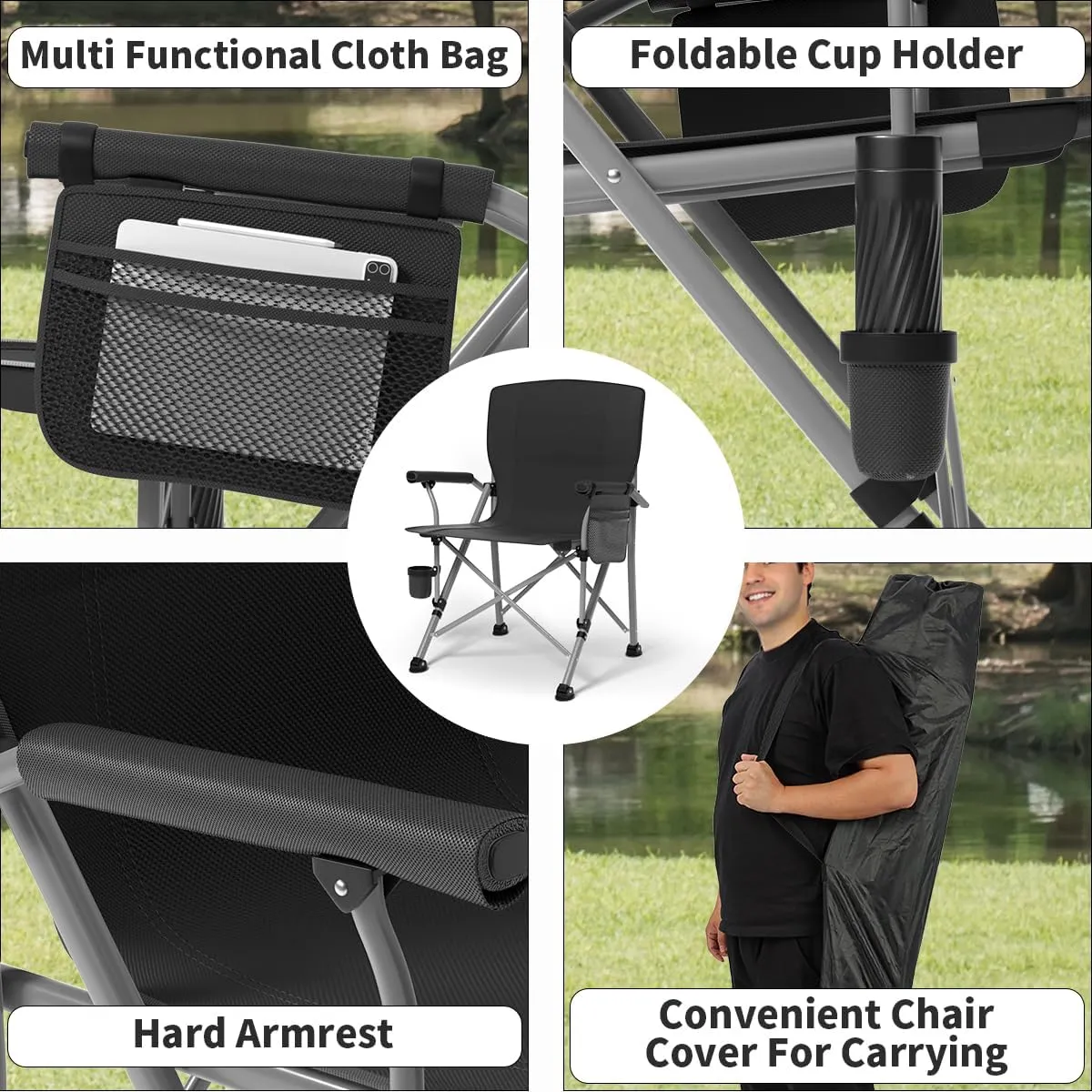 Oversized Camping Chair for Adults Heavy Duty,Heavy Duty Lawn Chair with Side Pockets,Outdoor Camping, Fishing, Beach, Hiking Foldable Camping Chair (1, Black, X-Large)