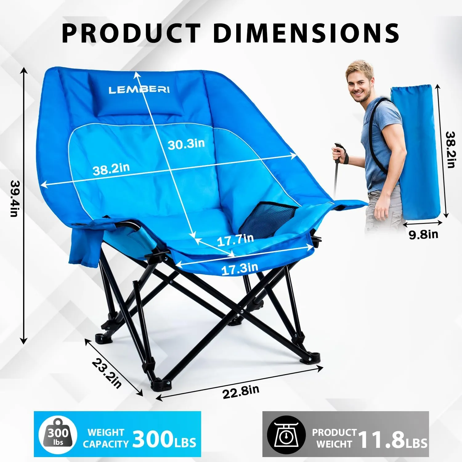 Oversized Camping Chair, Padded Folding Portable Camping Chair for Adults with 3 Levels Adjustable for Back, Outdoor Lawn Chairs with Side Mesh Pocket & Cup Holder, up to 500lbs, Blue
