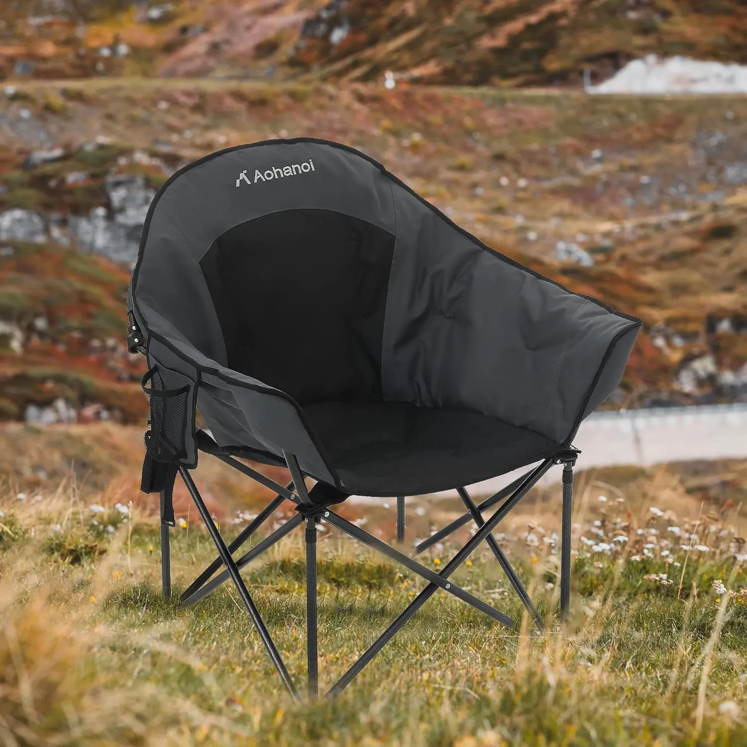 Oversized XL Camping Chairs for Adults, Padded Folding Camp Chair with Extra Wide Seats, Cup Holder & Side Pocket for Outdoor, Lawn, Picnic, Fishing, Sports, Lounge Moon Chairs, Black