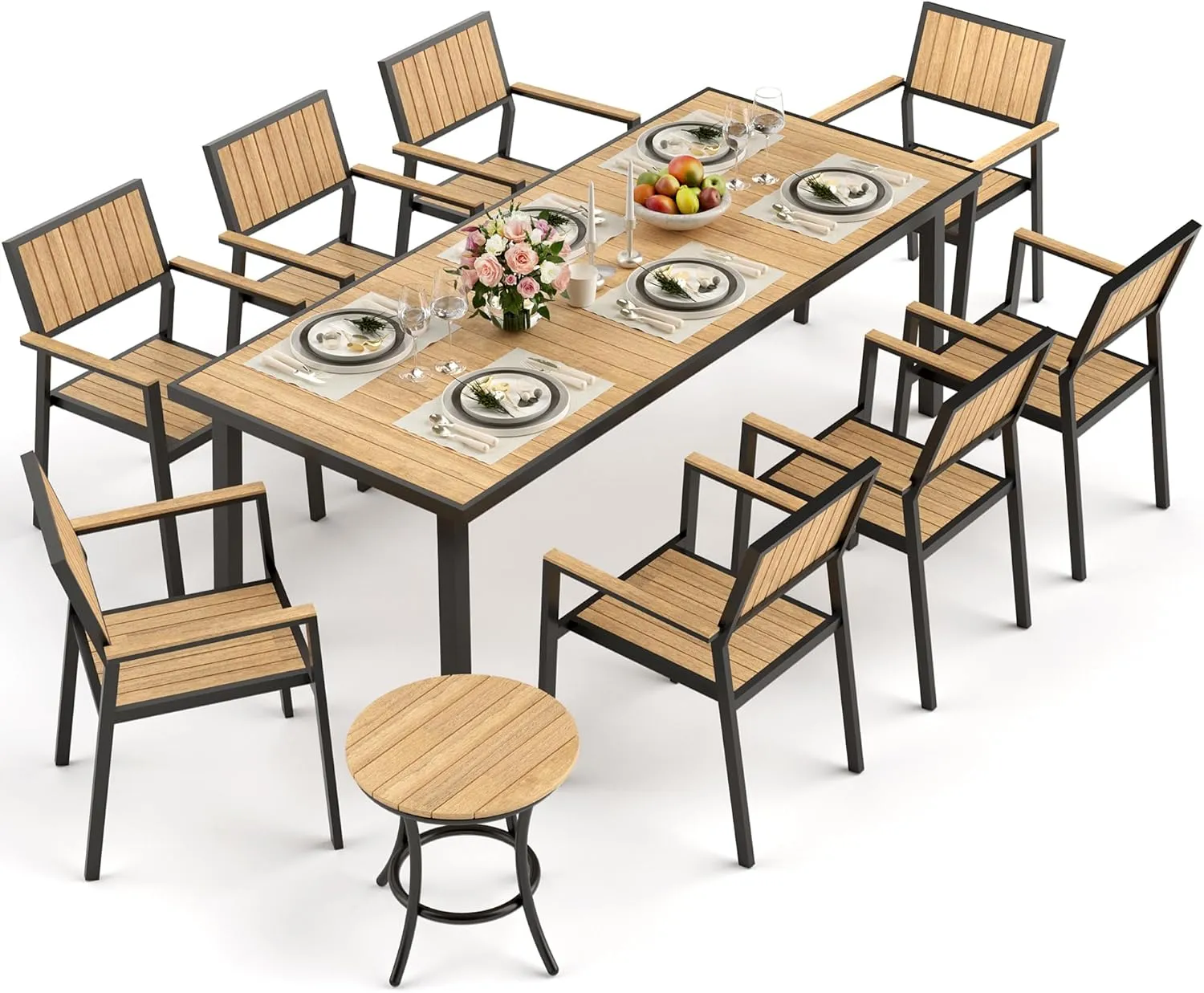 Pamapic 10-Piece Patio Dining Set，Outdoor Aluminum Furniture Set with Plastic-Wood Table Top,Outdoor Furniture Set with 8 Outdoor Stackable Chairs for Patio Garden Poolside (Teak)