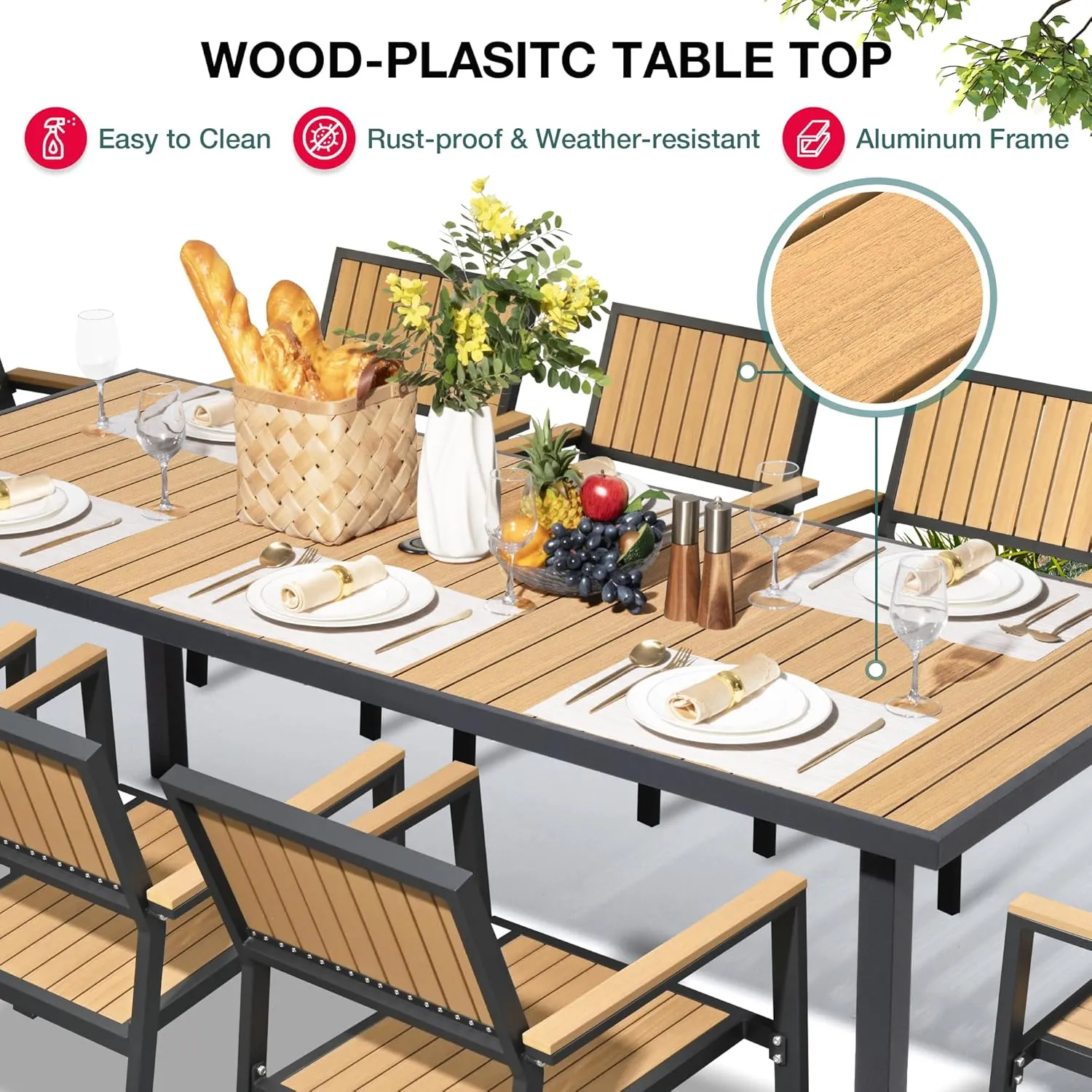 Pamapic 10-Piece Patio Dining Set，Outdoor Aluminum Furniture Set with Plastic-Wood Table Top,Outdoor Furniture Set with 8 Outdoor Stackable Chairs for Patio Garden Poolside (Teak)