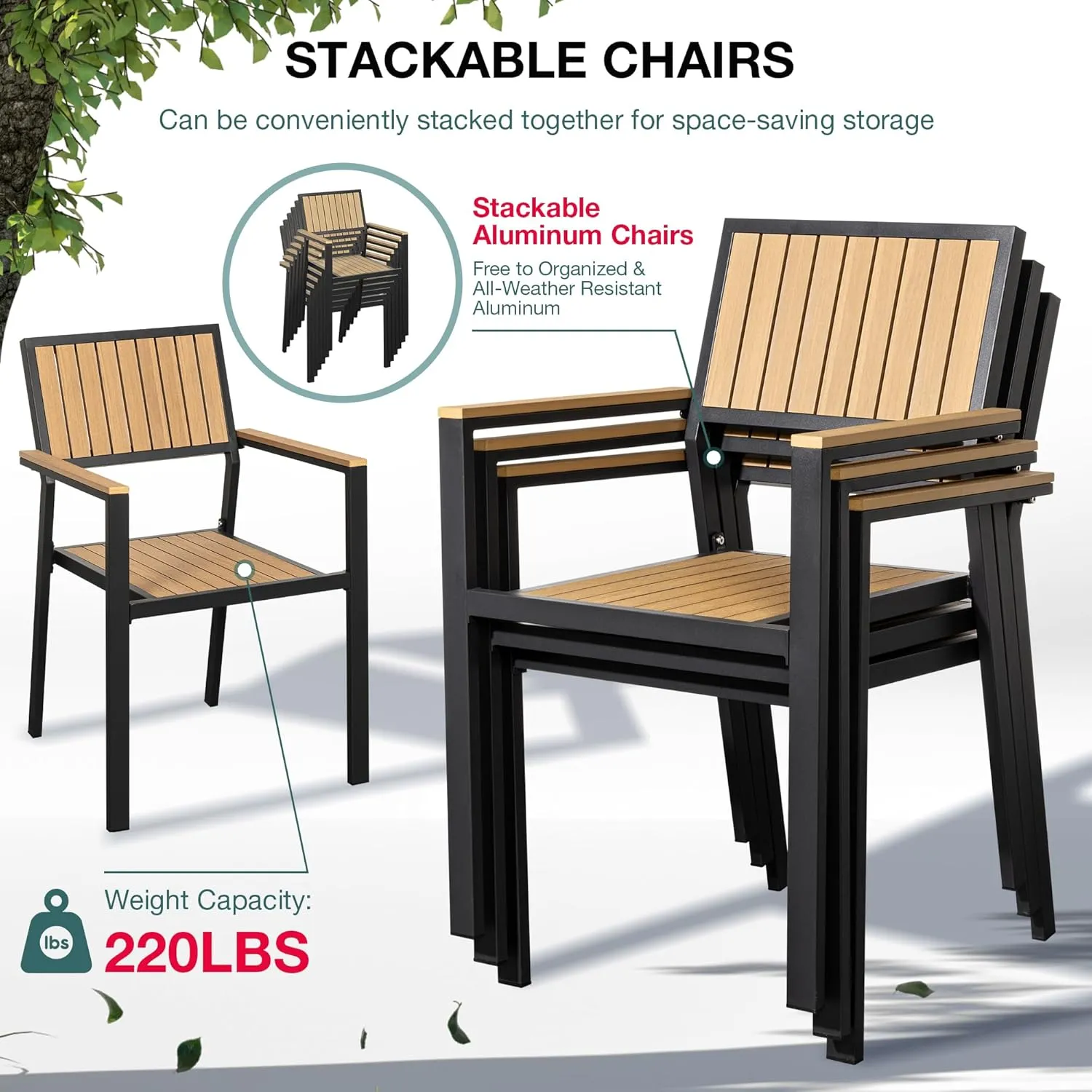Pamapic 10-Piece Patio Dining Set，Outdoor Aluminum Furniture Set with Plastic-Wood Table Top,Outdoor Furniture Set with 8 Outdoor Stackable Chairs for Patio Garden Poolside (Teak)
