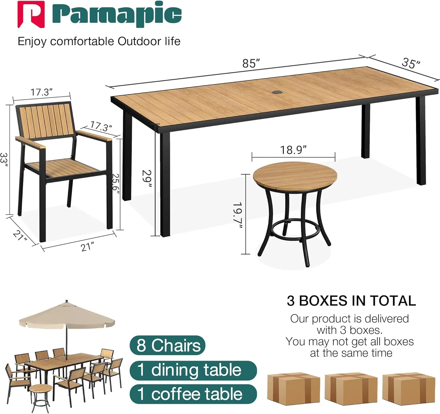 Pamapic 10-Piece Patio Dining Set，Outdoor Aluminum Furniture Set with Plastic-Wood Table Top,Outdoor Furniture Set with 8 Outdoor Stackable Chairs for Patio Garden Poolside (Teak)