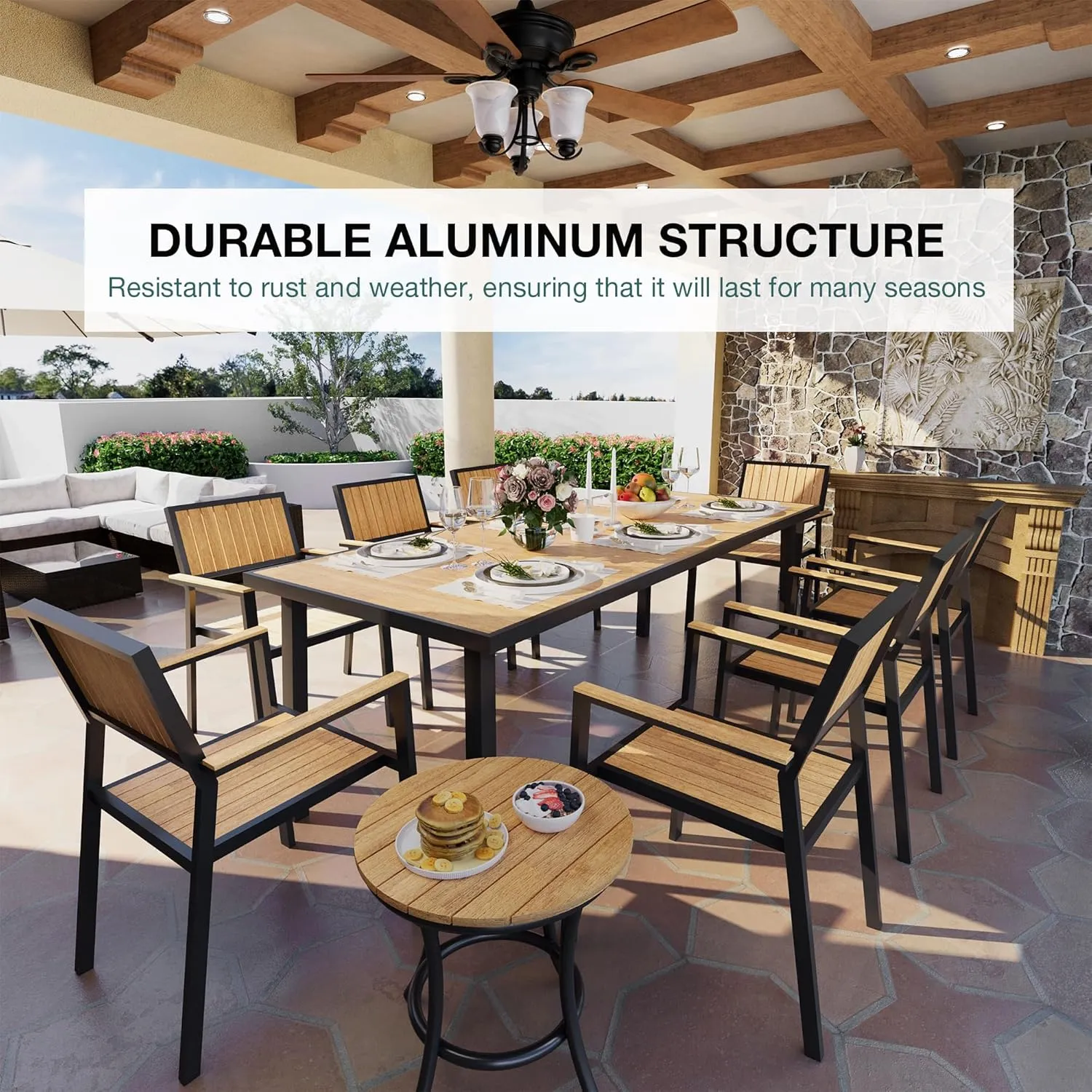 Pamapic 10-Piece Patio Dining Set，Outdoor Aluminum Furniture Set with Plastic-Wood Table Top,Outdoor Furniture Set with 8 Outdoor Stackable Chairs for Patio Garden Poolside (Teak)
