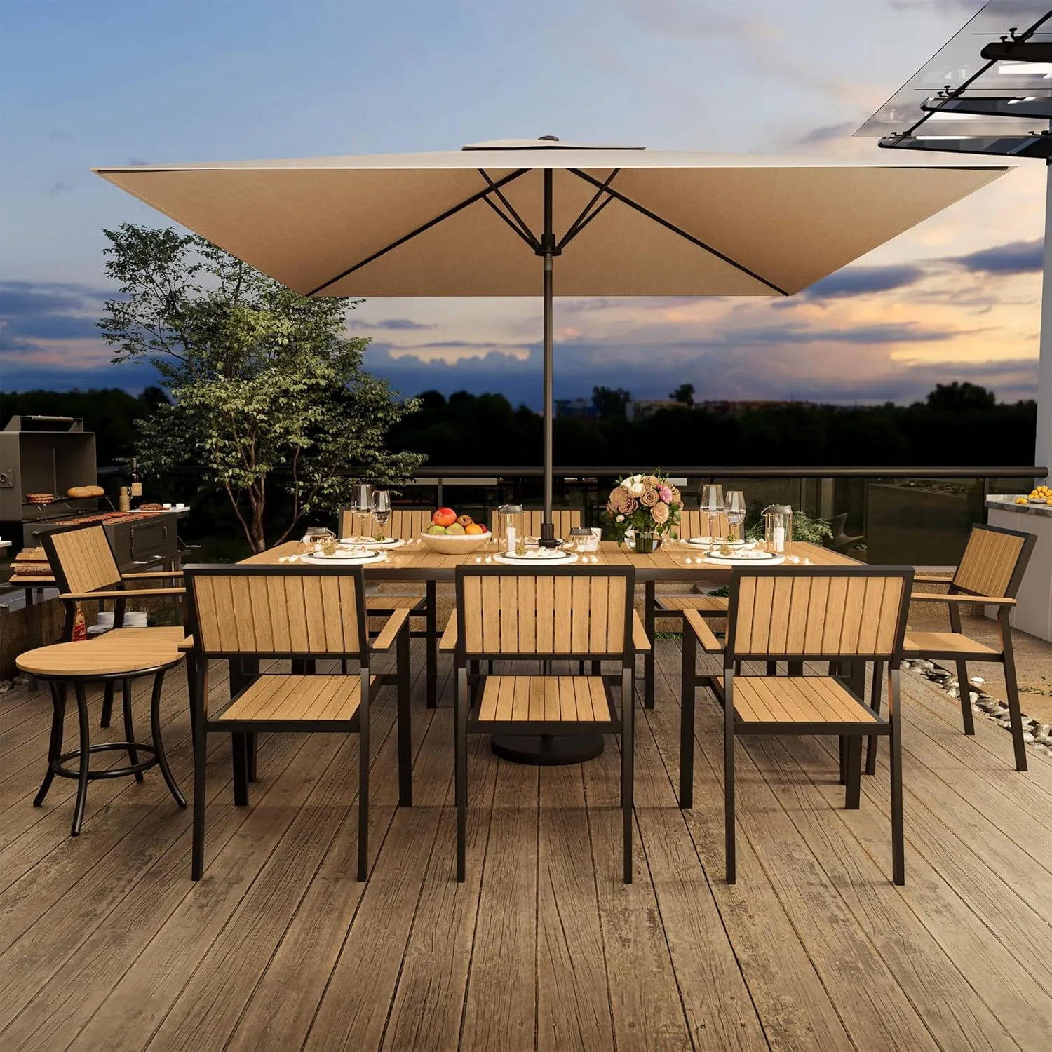 Pamapic 10-Piece Patio Dining Set，Outdoor Aluminum Furniture Set with Plastic-Wood Table Top,Outdoor Furniture Set with 8 Outdoor Stackable Chairs for Patio Garden Poolside (Teak)