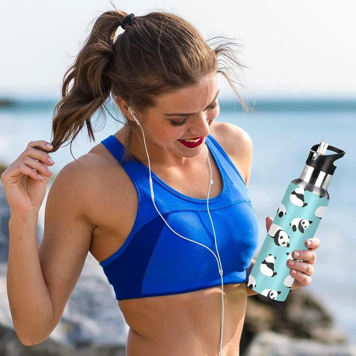 Panda Cup with Straw Lid Teal Water Bottle Kids Panda Bottle Panda Metal Cups Leakproof Blue Insulated Stainless Steel Water Flask for Sport Gym Outdoor 20 oz