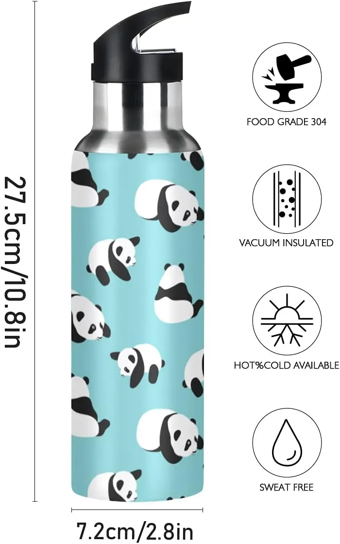 Panda Cup with Straw Lid Teal Water Bottle Kids Panda Bottle Panda Metal Cups Leakproof Blue Insulated Stainless Steel Water Flask for Sport Gym Outdoor 20 oz