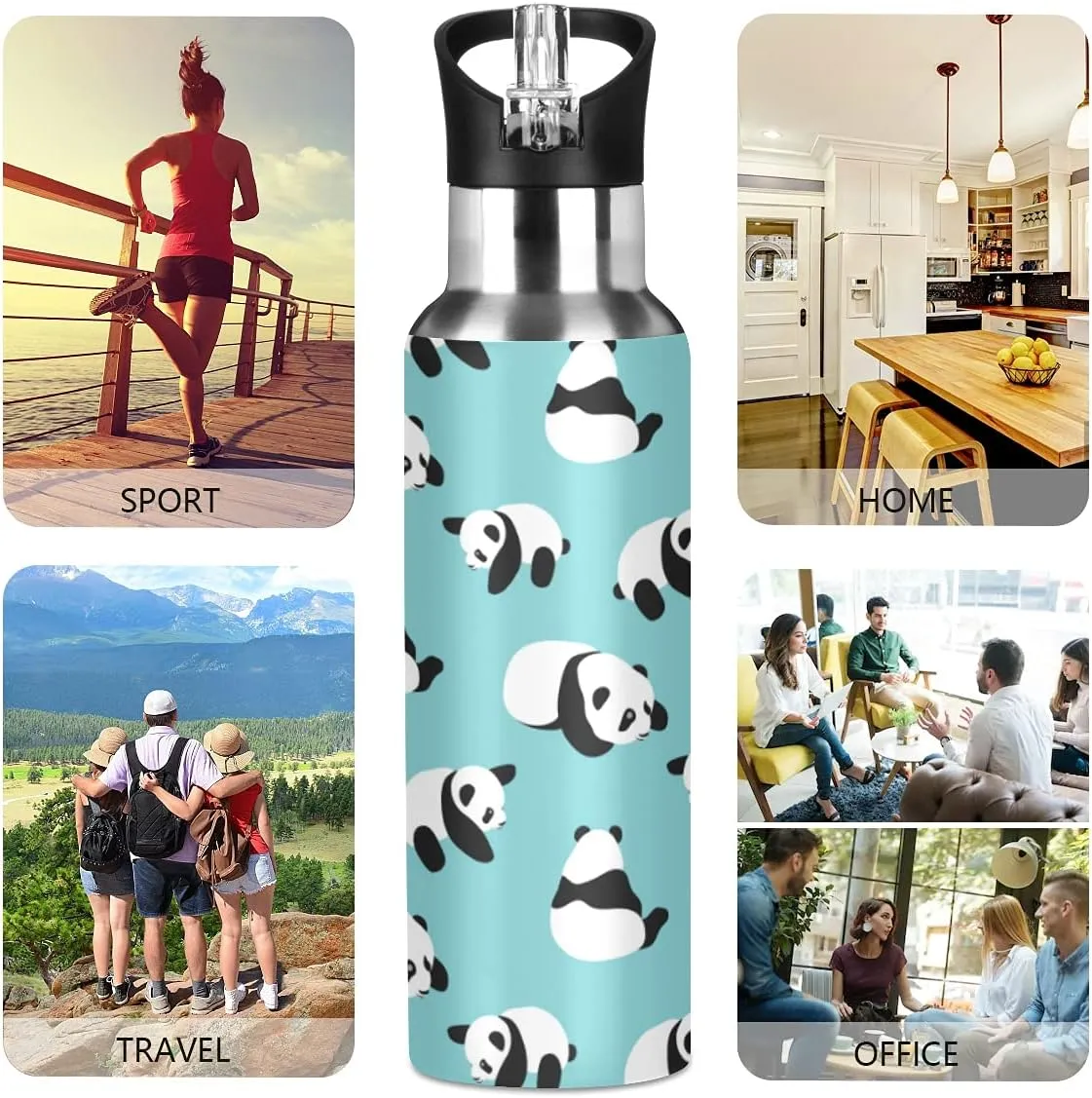 Panda Cup with Straw Lid Teal Water Bottle Kids Panda Bottle Panda Metal Cups Leakproof Blue Insulated Stainless Steel Water Flask for Sport Gym Outdoor 20 oz