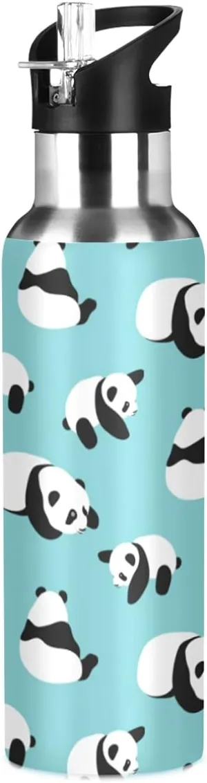 Panda Cup with Straw Lid Teal Water Bottle Kids Panda Bottle Panda Metal Cups Leakproof Blue Insulated Stainless Steel Water Flask for Sport Gym Outdoor 20 oz