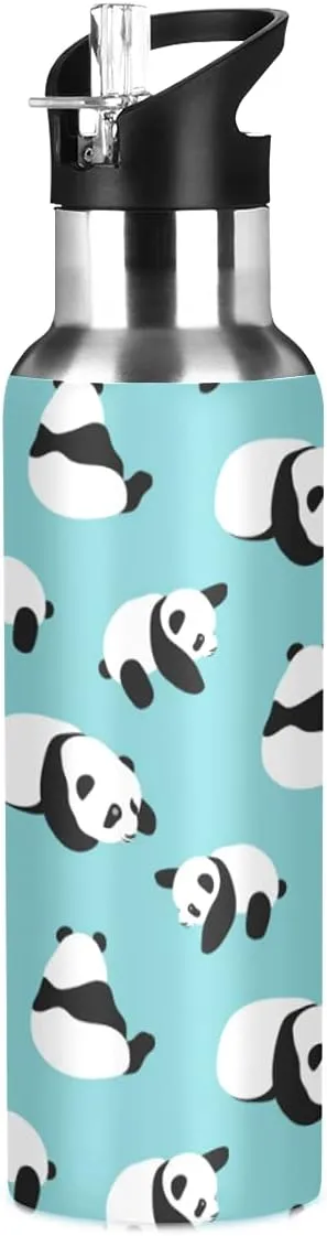 Panda Cup with Straw Lid Teal Water Bottle Kids Panda Bottle Panda Metal Cups Leakproof Blue Insulated Stainless Steel Water Flask for Sport Gym Outdoor 20 oz