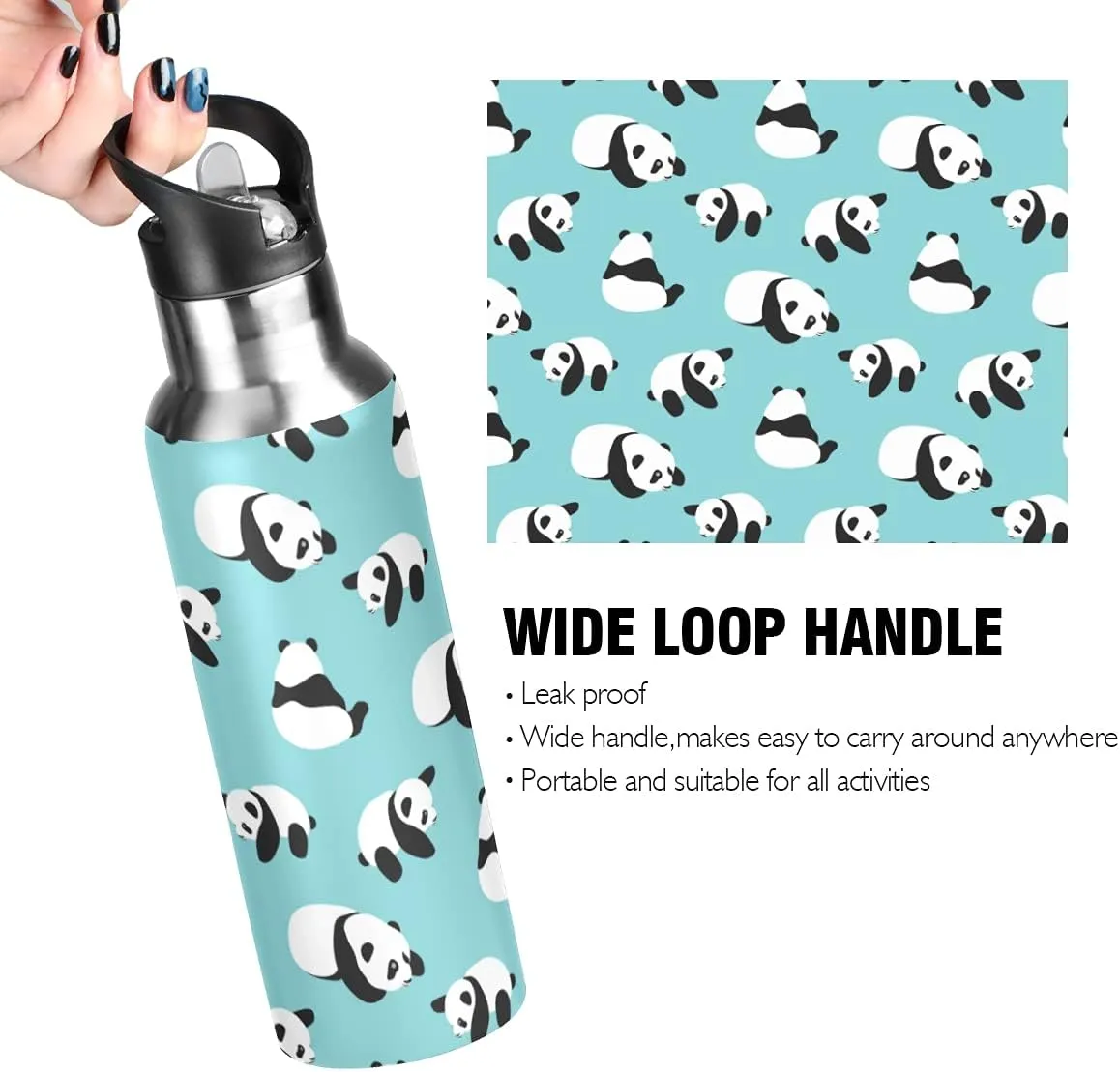 Panda Cup with Straw Lid Teal Water Bottle Kids Panda Bottle Panda Metal Cups Leakproof Blue Insulated Stainless Steel Water Flask for Sport Gym Outdoor 20 oz