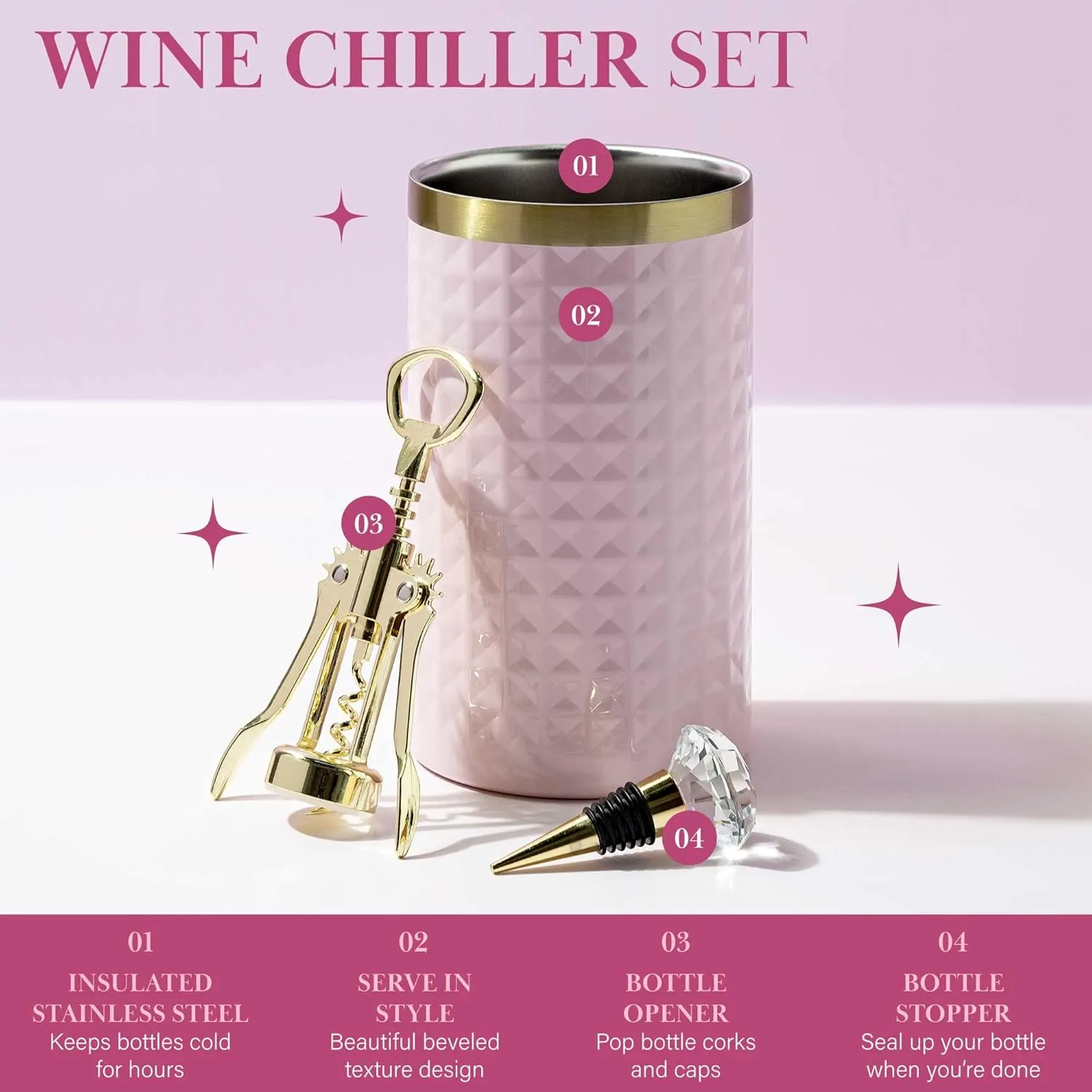 Paris Hilton Wine Bottle Chiller Set, Insulated Double Wall Chiller, Gold Winged Corkscrew Wine Bottle Opener, Diamond Wine Stopper, 3-Piece Set, Pink