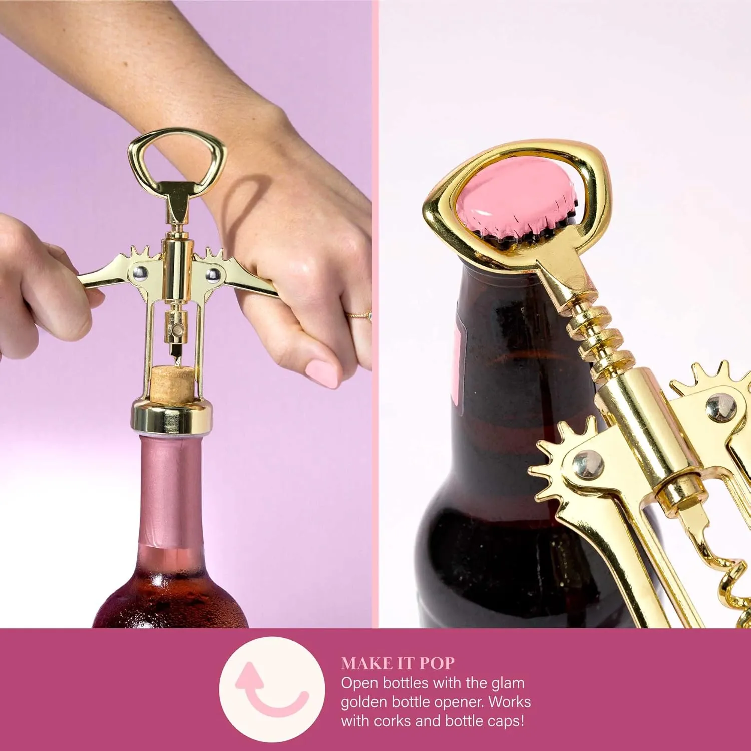 Paris Hilton Wine Bottle Chiller Set, Insulated Double Wall Chiller, Gold Winged Corkscrew Wine Bottle Opener, Diamond Wine Stopper, 3-Piece Set, Pink