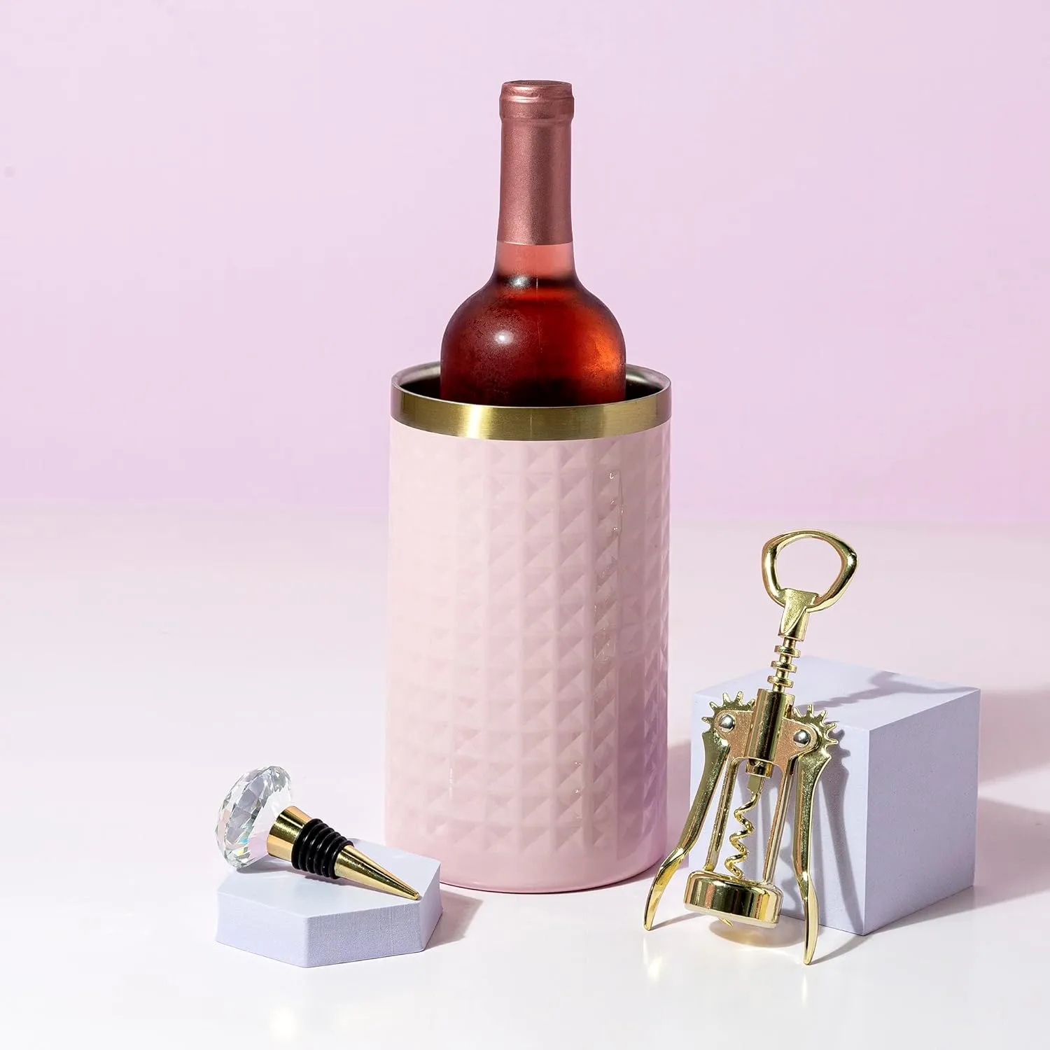 Paris Hilton Wine Bottle Chiller Set, Insulated Double Wall Chiller, Gold Winged Corkscrew Wine Bottle Opener, Diamond Wine Stopper, 3-Piece Set, Pink