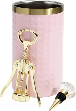Paris Hilton Wine Bottle Chiller Set, Insulated Double Wall Chiller, Gold Winged Corkscrew Wine Bottle Opener, Diamond Wine Stopper, 3-Piece Set, Pink