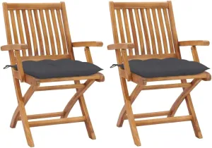 Patio Chairs 2 Pack with Anthracite Cushions, Solid Teak Wood Folding Outdoor Chairs for Patio, Poolside, Beach, Camping, and Backyard Lounge