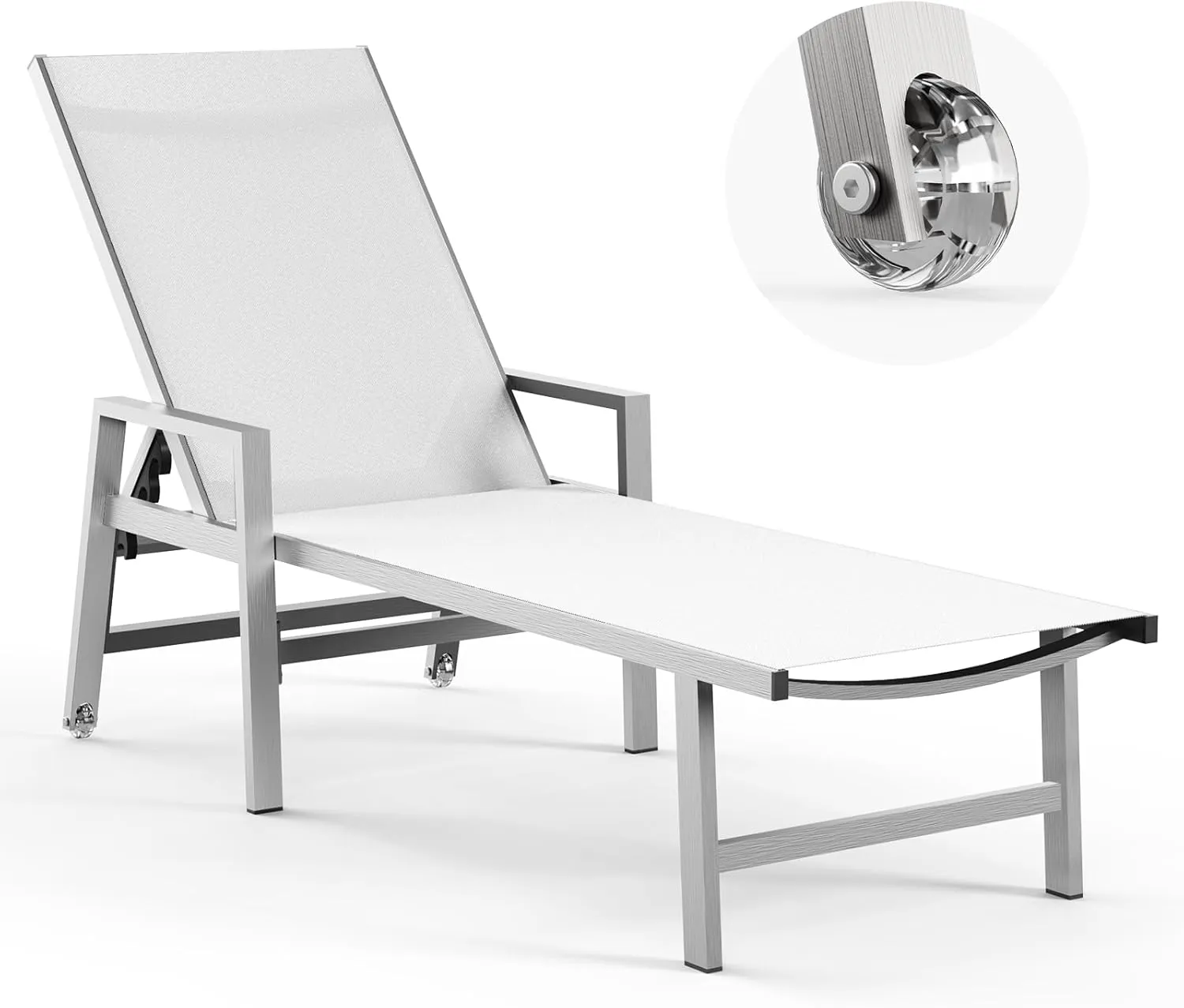 Patio Chaise Lounge Chair Outdoor with Wheels&Armrests, Aluminum Pool Lounge Chairs 5-Position Adjustable Recliner, Outdoor Beach Lounge Chairs for Poolside, Patio, Deck, Yard, White