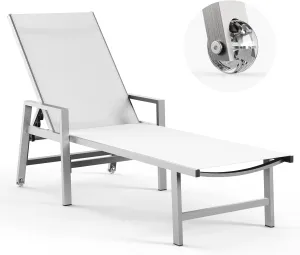 Patio Chaise Lounge Chair Outdoor with Wheels&Armrests, Aluminum Pool Lounge Chairs 5-Position Adjustable Recliner, Outdoor Beach Lounge Chairs for Poolside, Patio, Deck, Yard, White