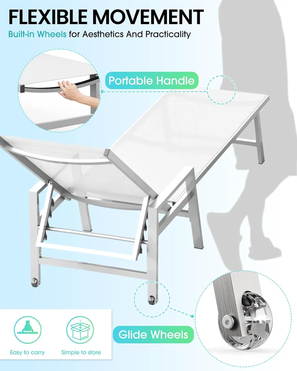 Patio Chaise Lounge Chair Outdoor with Wheels&Armrests, Aluminum Pool Lounge Chairs 5-Position Adjustable Recliner, Outdoor Beach Lounge Chairs for Poolside, Patio, Deck, Yard, White