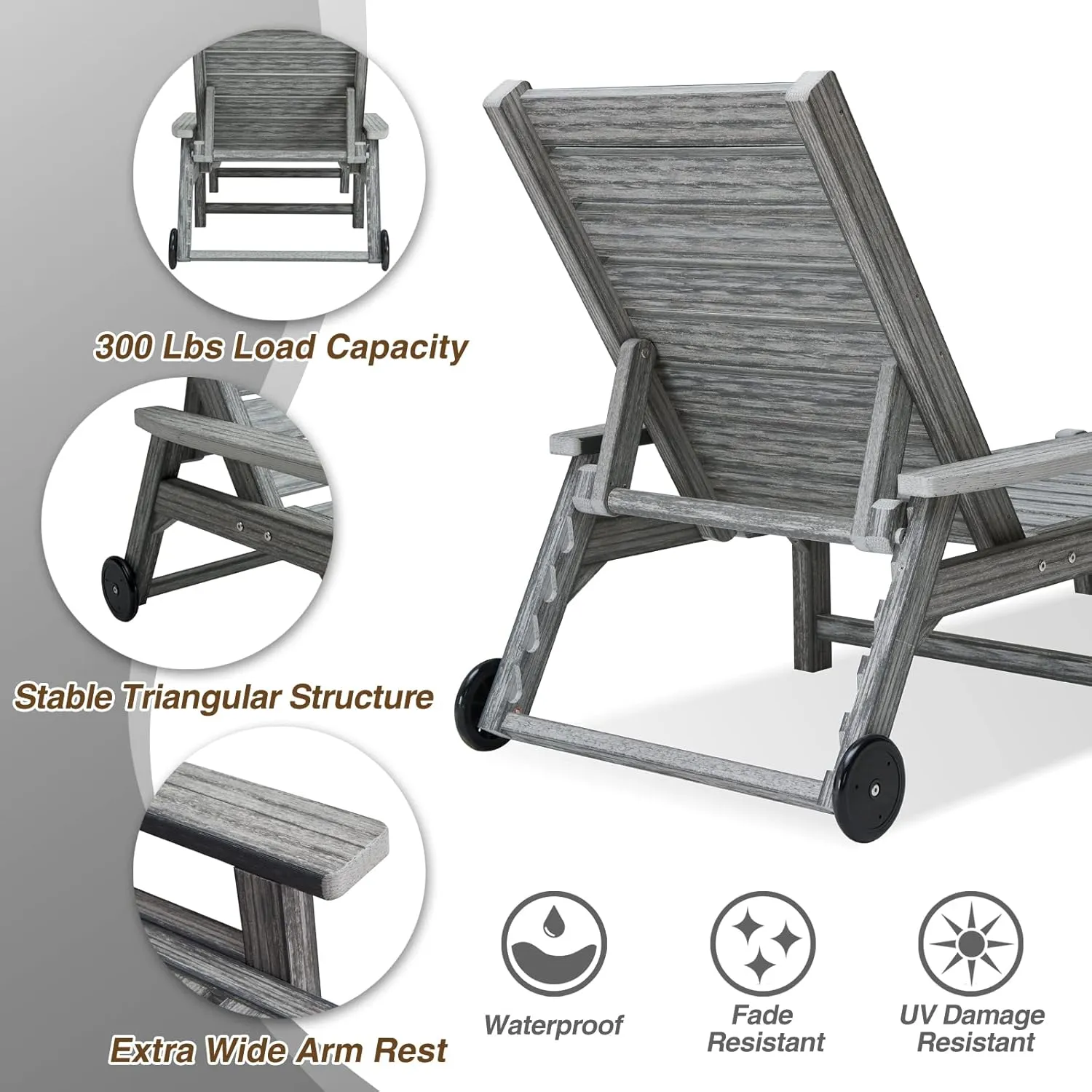 Patio Chaise Lounges Set of 2, HDPE Outdoor Lounge Chairs with Adjustable Backrest, Wheels, Armrest, All Weather Poly Lumber Recliner for, Poolside, Porch, 350lbs Weight Capacity (Grey)
