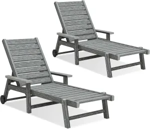 Patio Chaise Lounges Set of 2, HDPE Outdoor Lounge Chairs with Adjustable Backrest, Wheels, Armrest, All Weather Poly Lumber Recliner for, Poolside, Porch, 350lbs Weight Capacity (Grey)