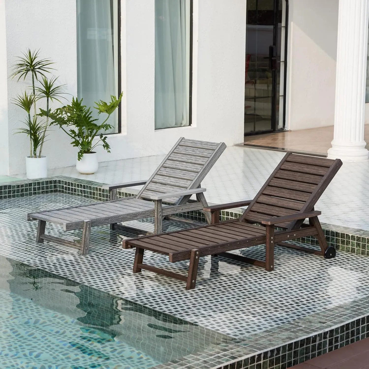 Patio Chaise Lounges Set of 2, HDPE Outdoor Lounge Chairs with Adjustable Backrest, Wheels, Armrest, All Weather Poly Lumber Recliner for, Poolside, Porch, 350lbs Weight Capacity (Grey)