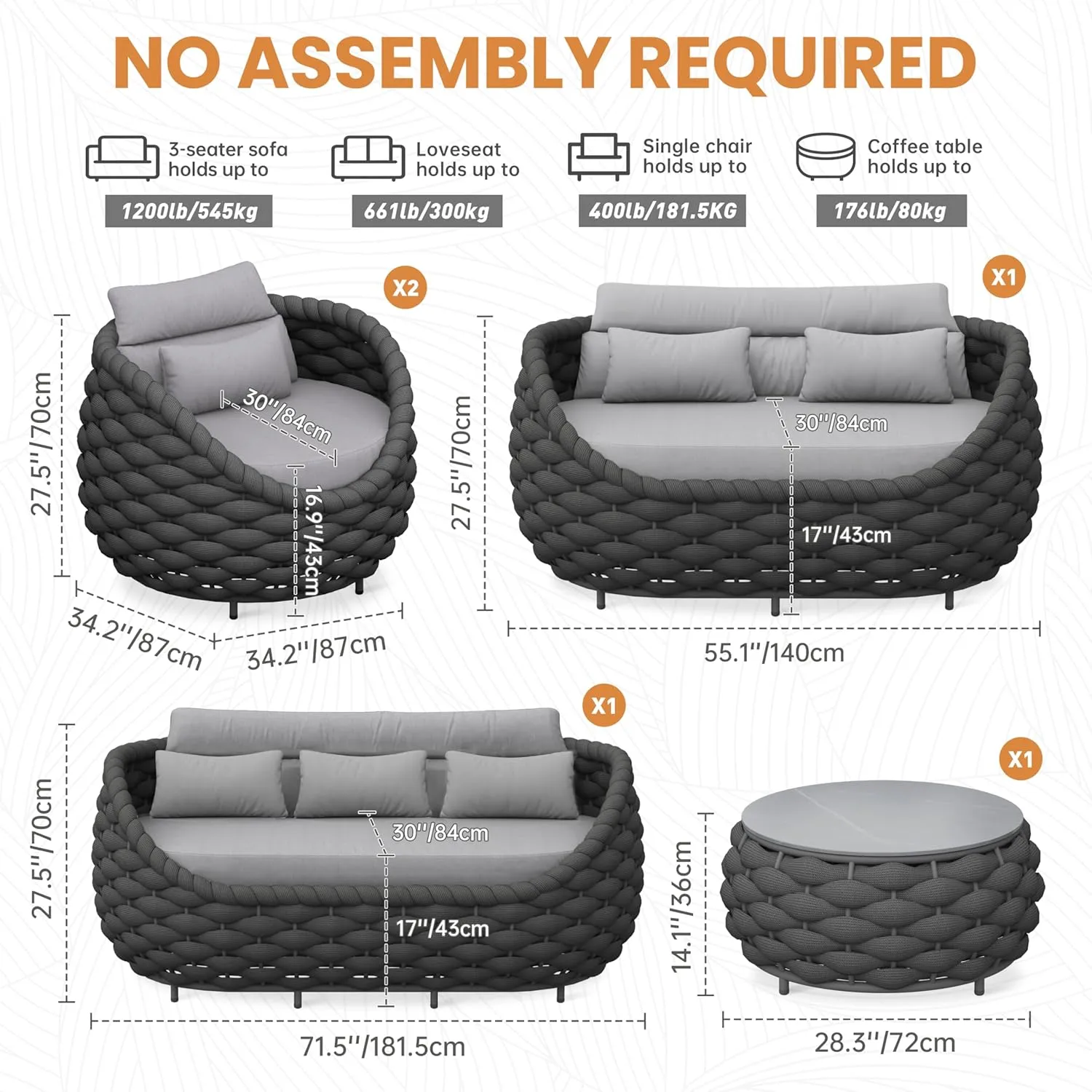 Patio Conversation Deck Furniture Set: 5-Piece Aluminum Woven Rope Outdoor Sofa Set - Modern Cushioned Couch Set - No Assembly Metal Porch Seating for Deck Yard Garden Lanai Pool Hotel Resort