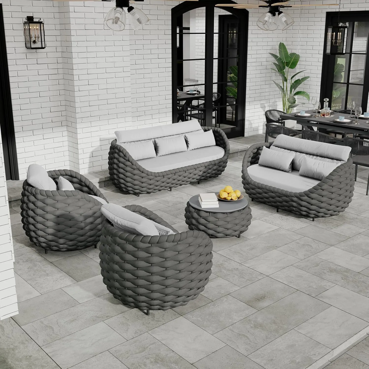 Patio Conversation Deck Furniture Set: 5-Piece Aluminum Woven Rope Outdoor Sofa Set - Modern Cushioned Couch Set - No Assembly Metal Porch Seating for Deck Yard Garden Lanai Pool Hotel Resort