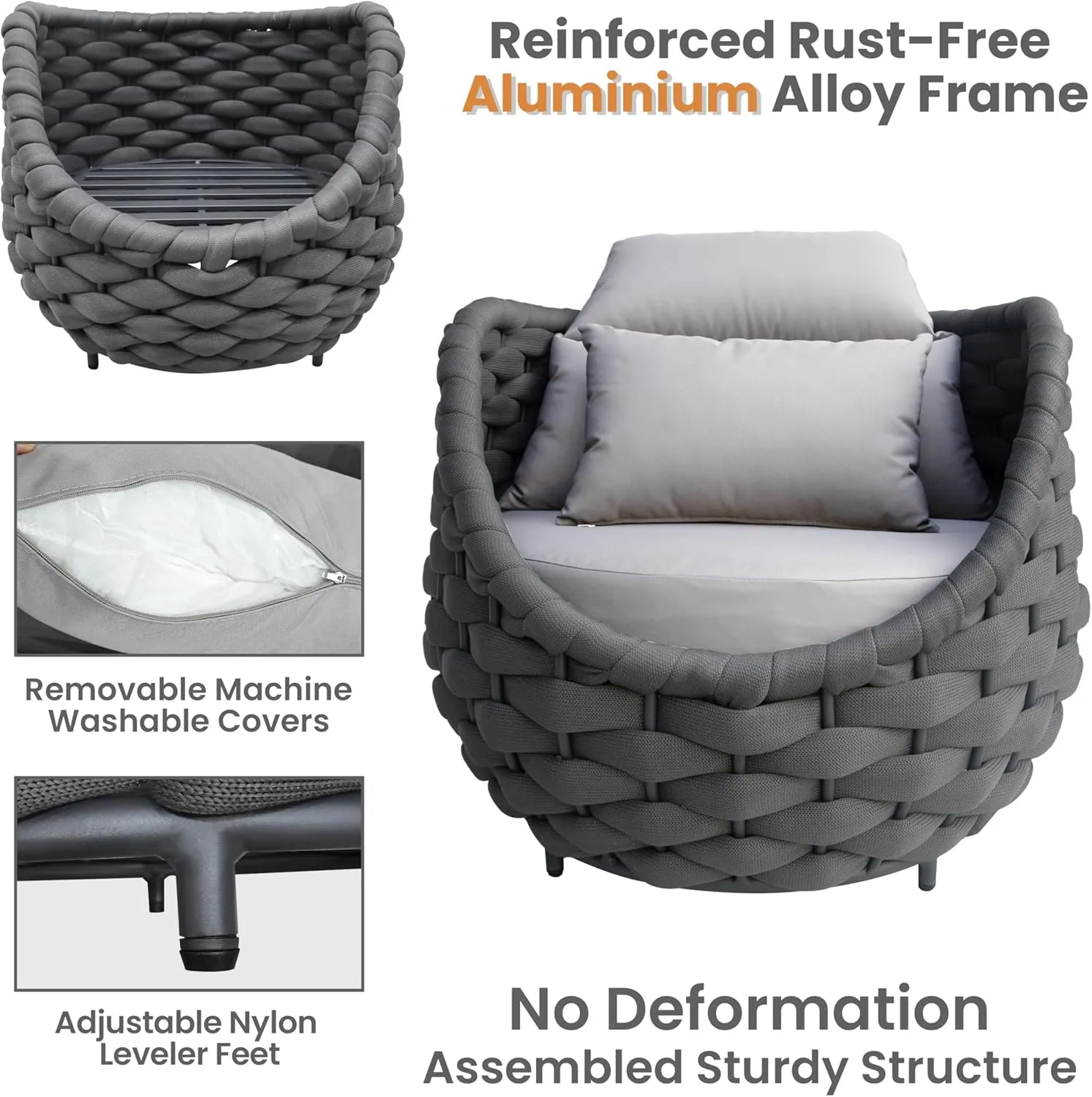 Patio Conversation Deck Furniture Set: 5-Piece Aluminum Woven Rope Outdoor Sofa Set - Modern Cushioned Couch Set - No Assembly Metal Porch Seating for Deck Yard Garden Lanai Pool Hotel Resort