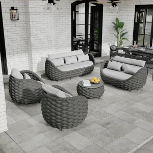 Patio Conversation Deck Furniture Set: 5-Piece Aluminum Woven Rope Outdoor Sofa Set - Modern Cushioned Couch Set - No Assembly Metal Porch Seating for Deck Yard Garden Lanai Pool Hotel Resort