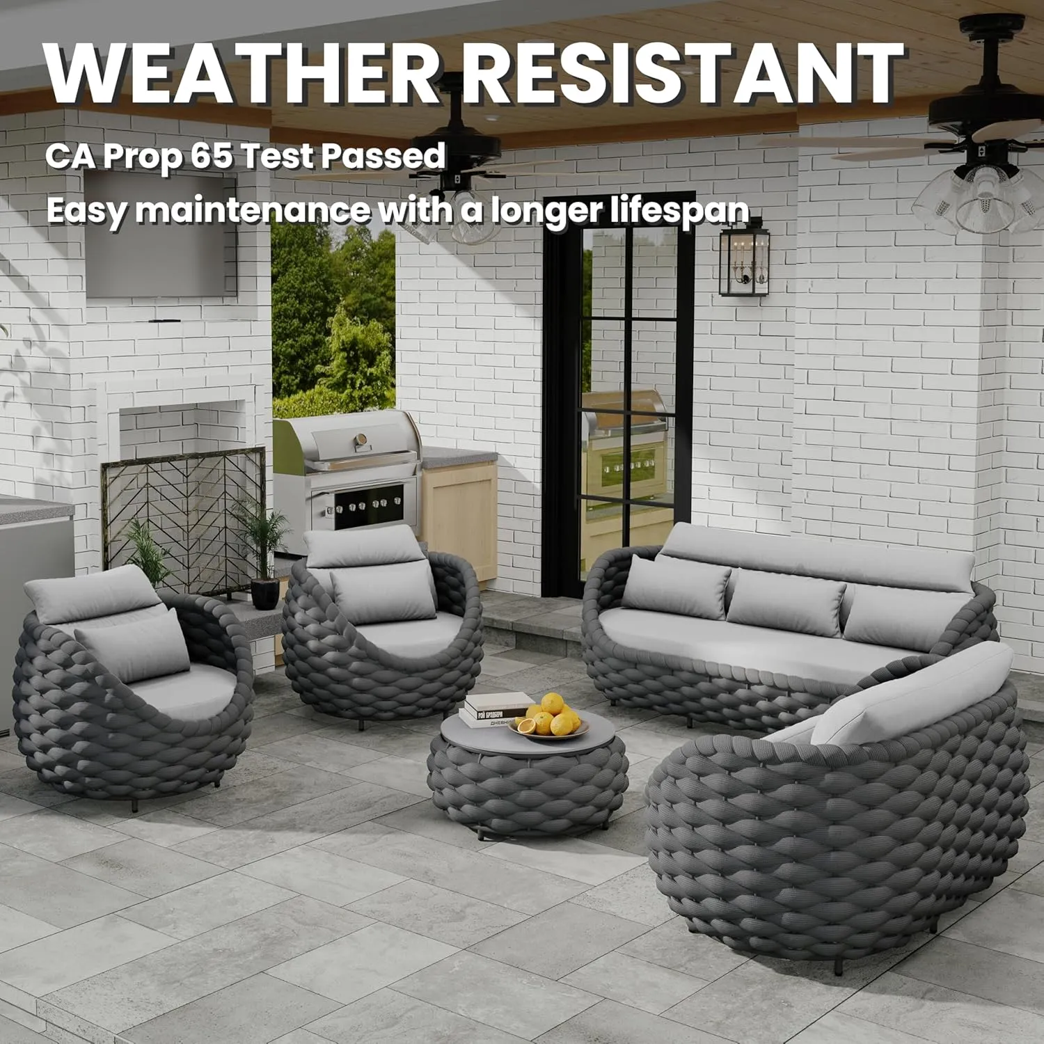 Patio Conversation Deck Furniture Set: 5-Piece Aluminum Woven Rope Outdoor Sofa Set - Modern Cushioned Couch Set - No Assembly Metal Porch Seating for Deck Yard Garden Lanai Pool Hotel Resort