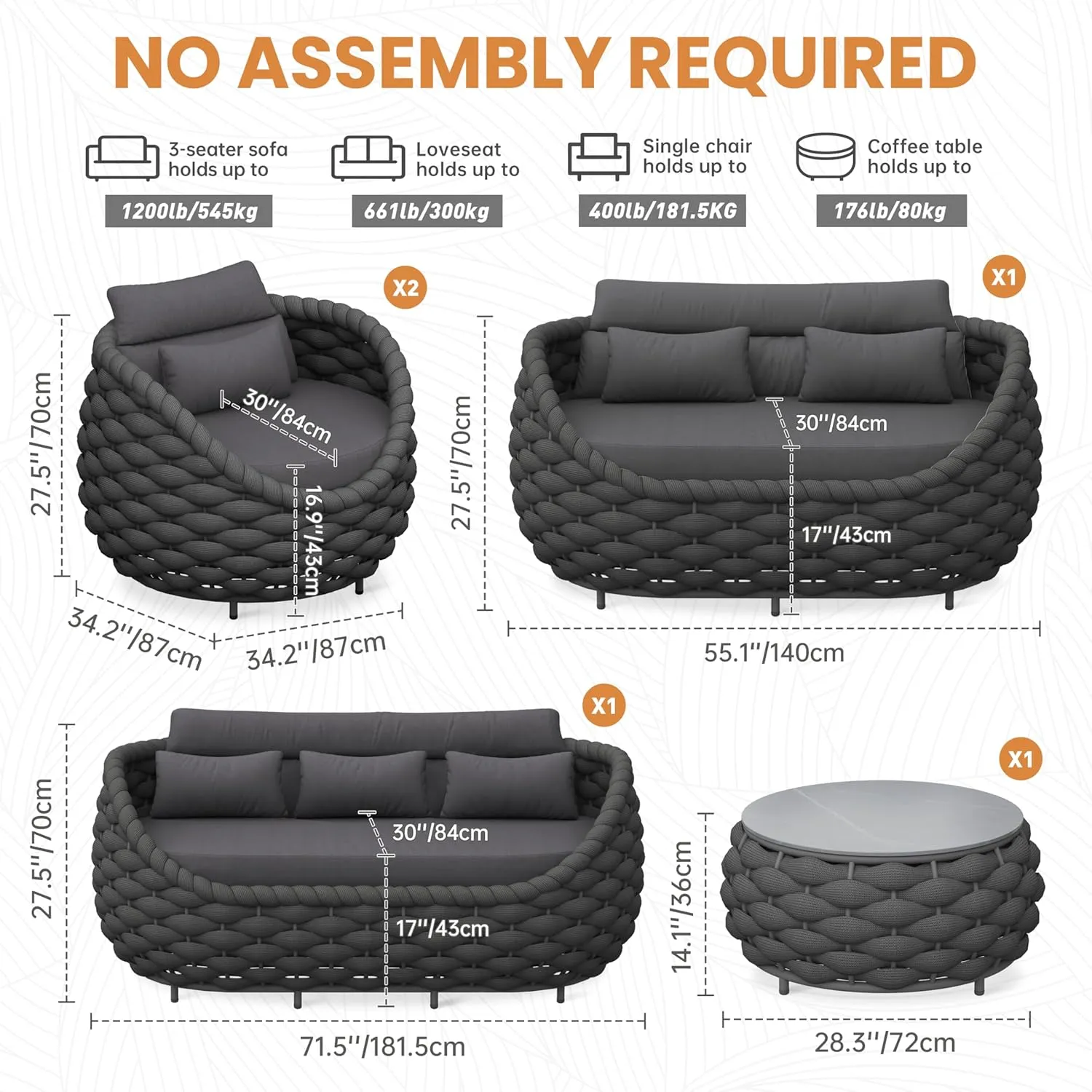 Patio Conversation Deck Furniture Sets: 5-Piece Aluminum Woven Rope Outdoor Sofa Set - Modern Cushions Couch Set - No Assembly Metal Porch Seating for Deck Yard Garden Hotel Resort, Dark Grey