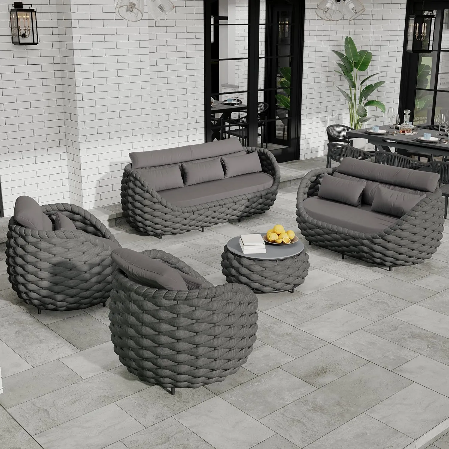 Patio Conversation Deck Furniture Sets: 5-Piece Aluminum Woven Rope Outdoor Sofa Set - Modern Cushions Couch Set - No Assembly Metal Porch Seating for Deck Yard Garden Hotel Resort, Dark Grey