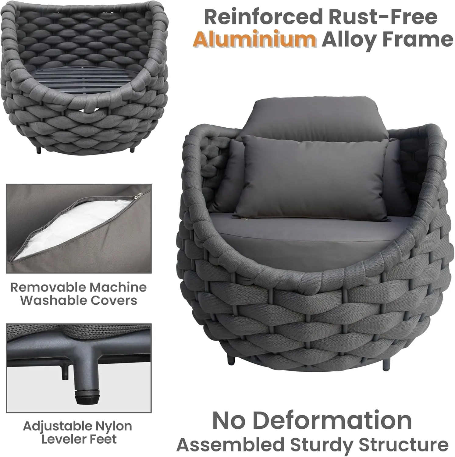 Patio Conversation Deck Furniture Sets: 5-Piece Aluminum Woven Rope Outdoor Sofa Set - Modern Cushions Couch Set - No Assembly Metal Porch Seating for Deck Yard Garden Hotel Resort, Dark Grey
