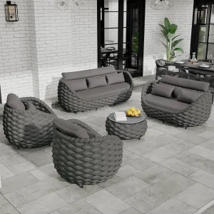 Patio Conversation Deck Furniture Sets: 5-Piece Aluminum Woven Rope Outdoor Sofa Set - Modern Cushions Couch Set - No Assembly Metal Porch Seating for Deck Yard Garden Hotel Resort, Dark Grey