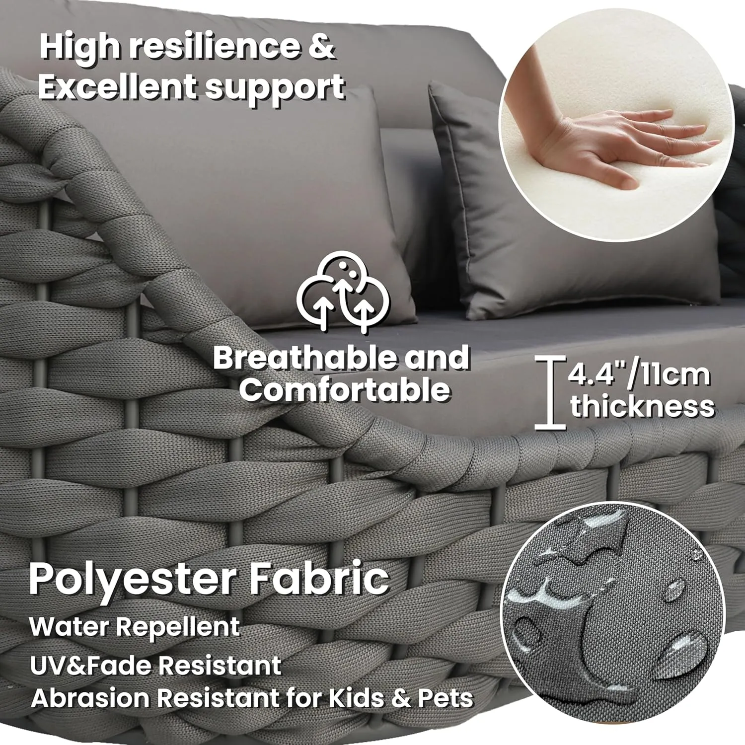 Patio Conversation Deck Furniture Sets: 5-Piece Aluminum Woven Rope Outdoor Sofa Set - Modern Cushions Couch Set - No Assembly Metal Porch Seating for Deck Yard Garden Hotel Resort, Dark Grey
