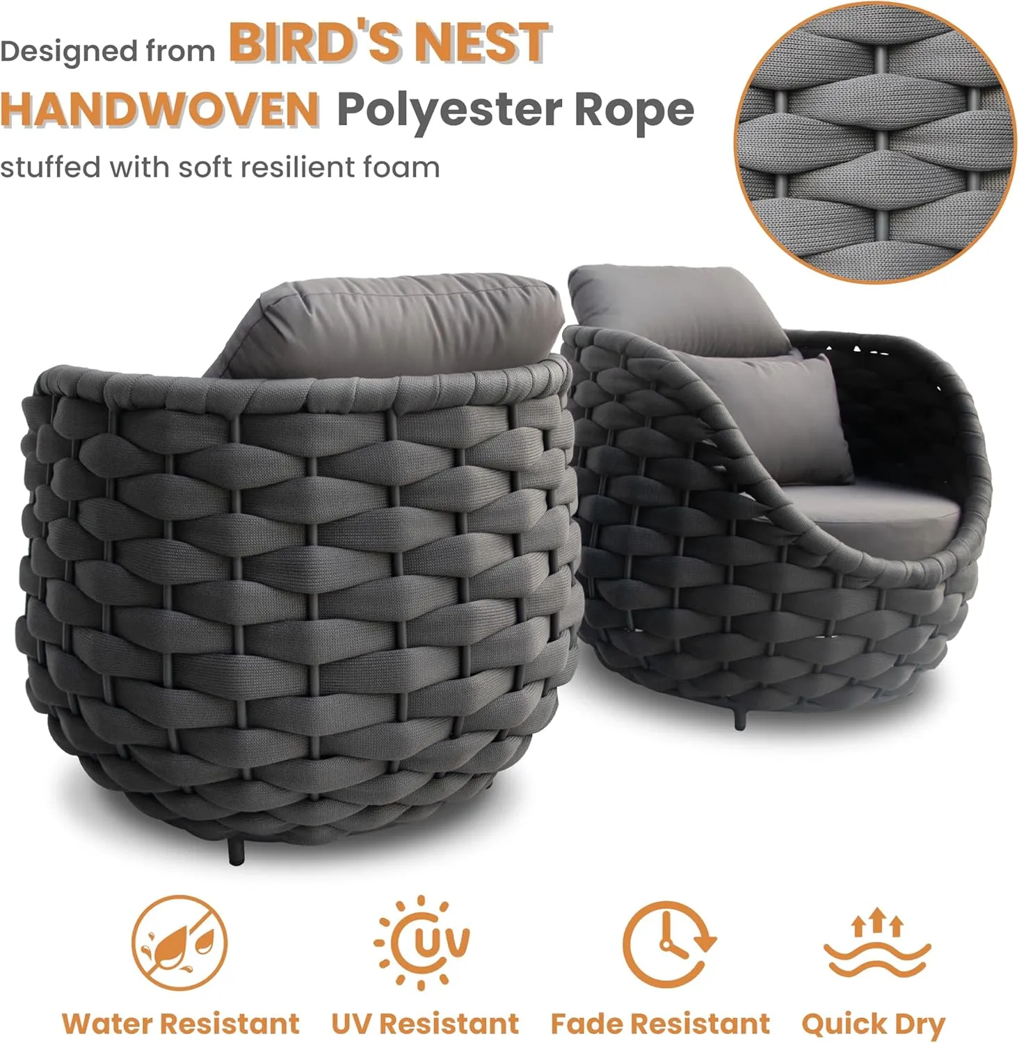 Patio Conversation Deck Furniture Sets: 5-Piece Aluminum Woven Rope Outdoor Sofa Set - Modern Cushions Couch Set - No Assembly Metal Porch Seating for Deck Yard Garden Hotel Resort, Dark Grey