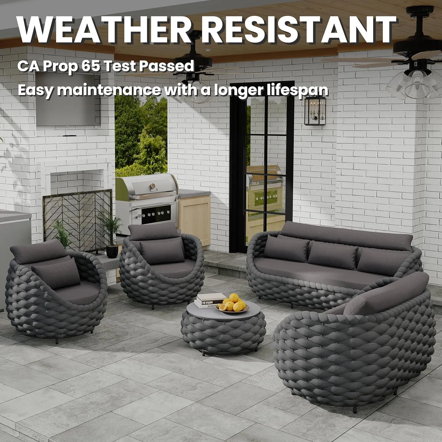 Patio Conversation Deck Furniture Sets: 5-Piece Aluminum Woven Rope Outdoor Sofa Set - Modern Cushions Couch Set - No Assembly Metal Porch Seating for Deck Yard Garden Hotel Resort, Dark Grey