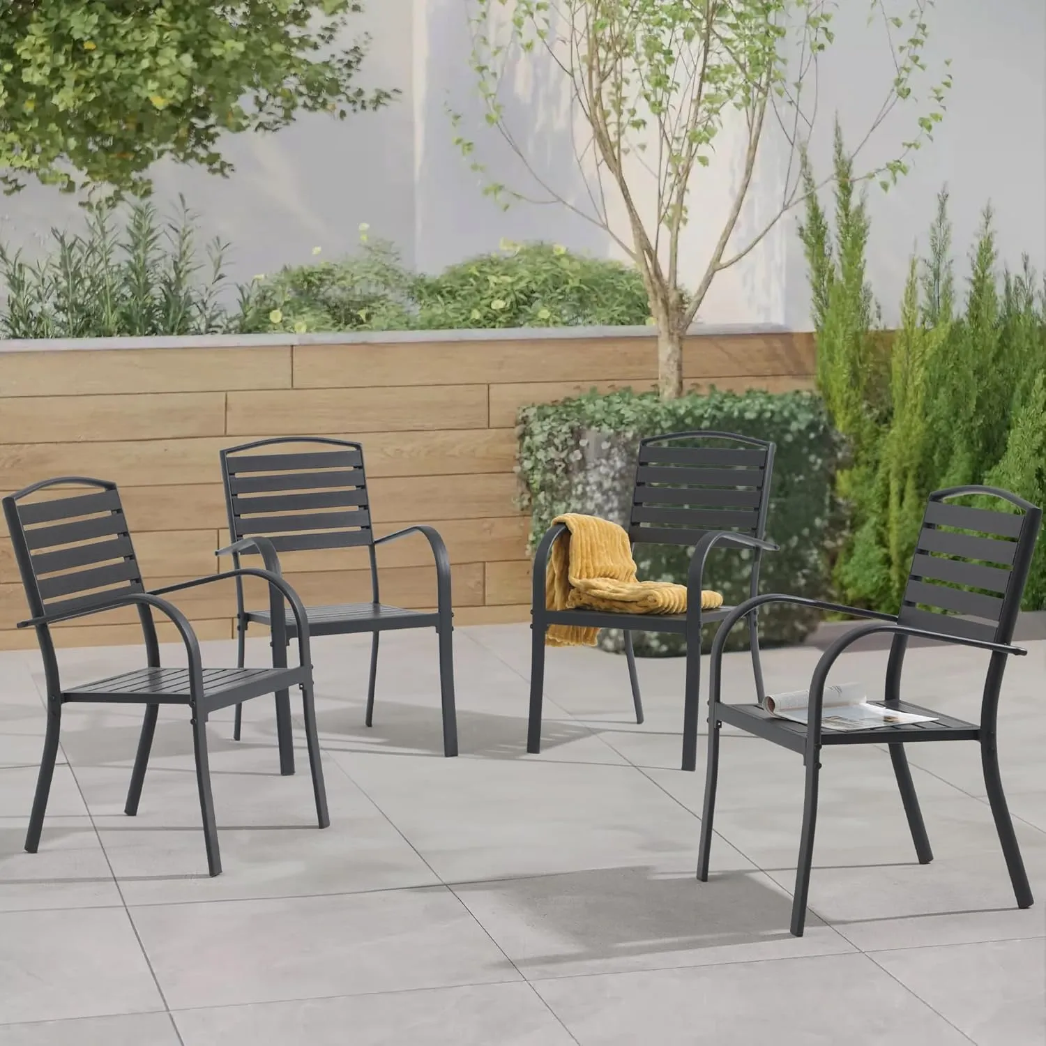 Patio Dining Chairs Set of 4,Outdoor Stackable Dining Chairs with Backrest & Armrest,Aluminum Frame Patio Furniture Chairs for Garden,Backyard,Lawn & Deck,Black