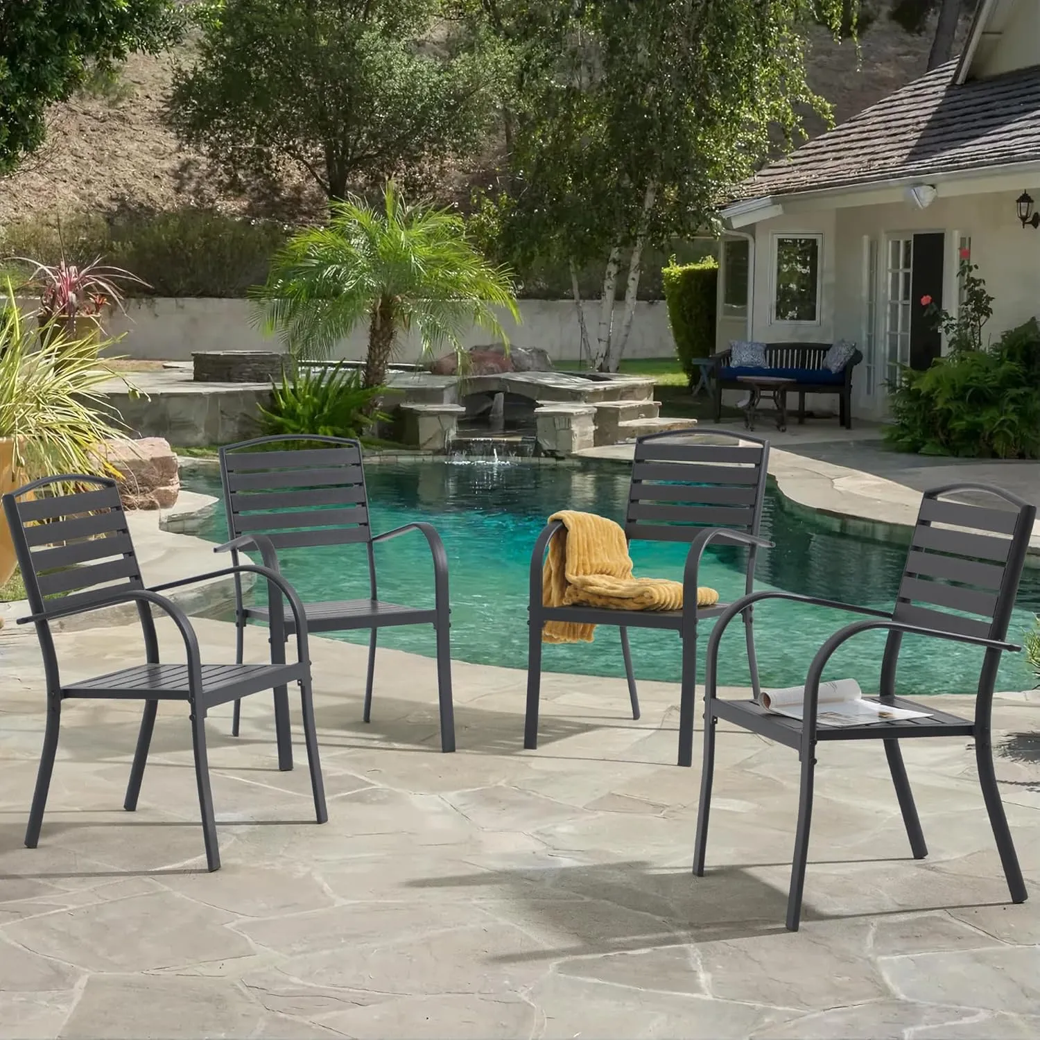 Patio Dining Chairs Set of 4,Outdoor Stackable Dining Chairs with Backrest & Armrest,Aluminum Frame Patio Furniture Chairs for Garden,Backyard,Lawn & Deck,Black