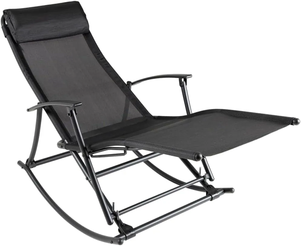 Patio Rocking Chair Steel Frame Foldable Outdoor Lounge Chair Black 59.1"x25.2"x32.7" Textilene Fabric with 2 Reclining Positions for Backyard, Beach, Camping